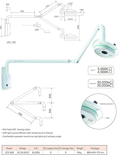 Miniatura 2 de Global-Den ~ tal 36W colgante de pared Sur~gical Me~dical Ex~am Shadowless Luz fría