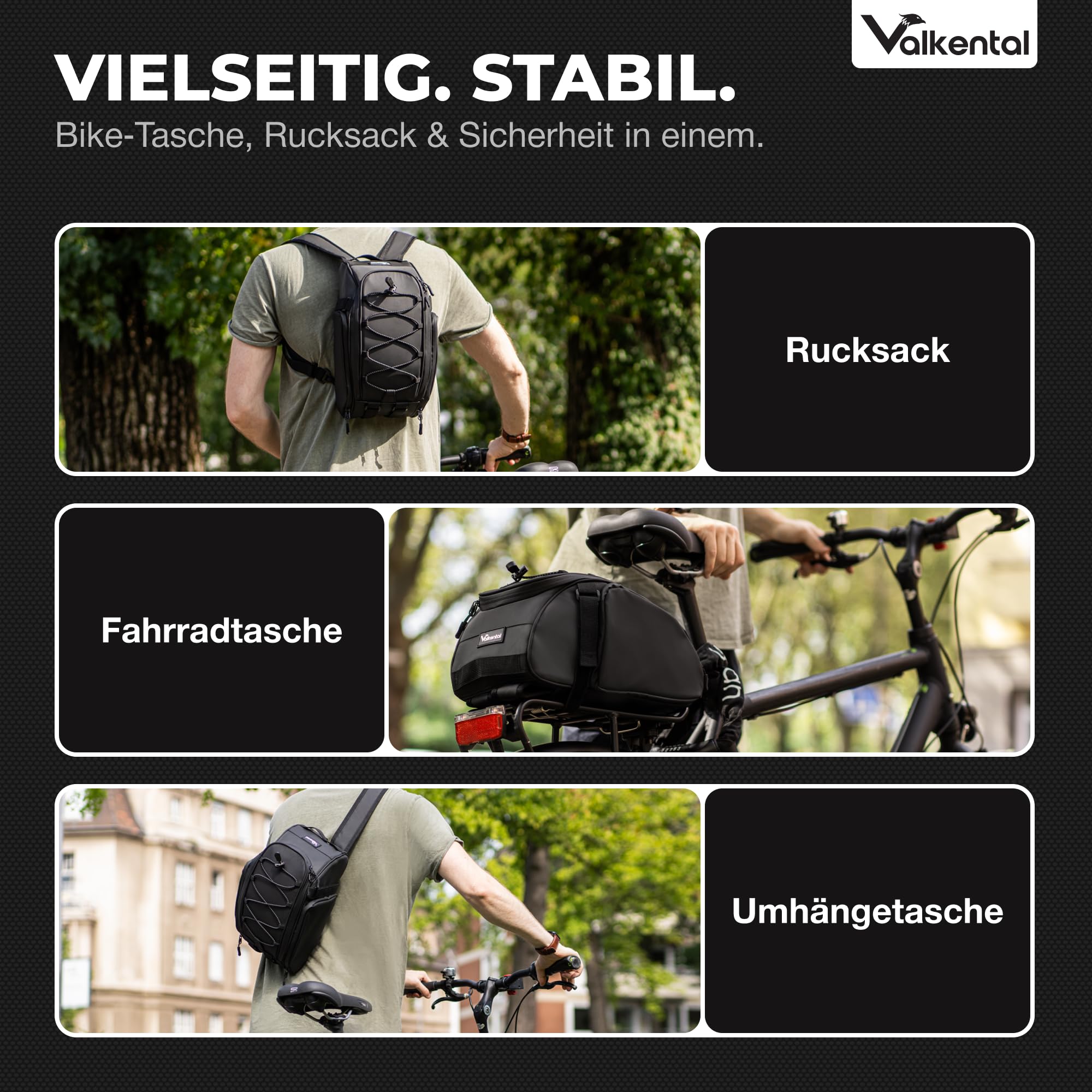 Valkental 3in1 Fahrradtasche für Gepäckträger mit Rucksackfunktion - 10-14L Volumen - Gepäckträgertasche mit zahlreichen Fächern - Wasserfest & Reflektierend - Mit Tragegriff - Geprüfte Qualität