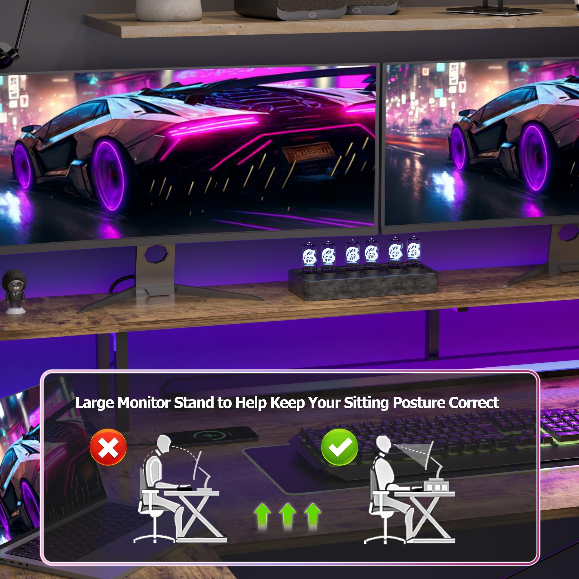 BEXEVUE Scrivania Angolo con LED Ciabatta - 120x70cm Grande Tavolino Computer Forma L Ripiani Portaoggetti, Scrivania Angolare Reversibile Gaming Informatica, Studio Gioco Lavoro Casa Camera da Letto