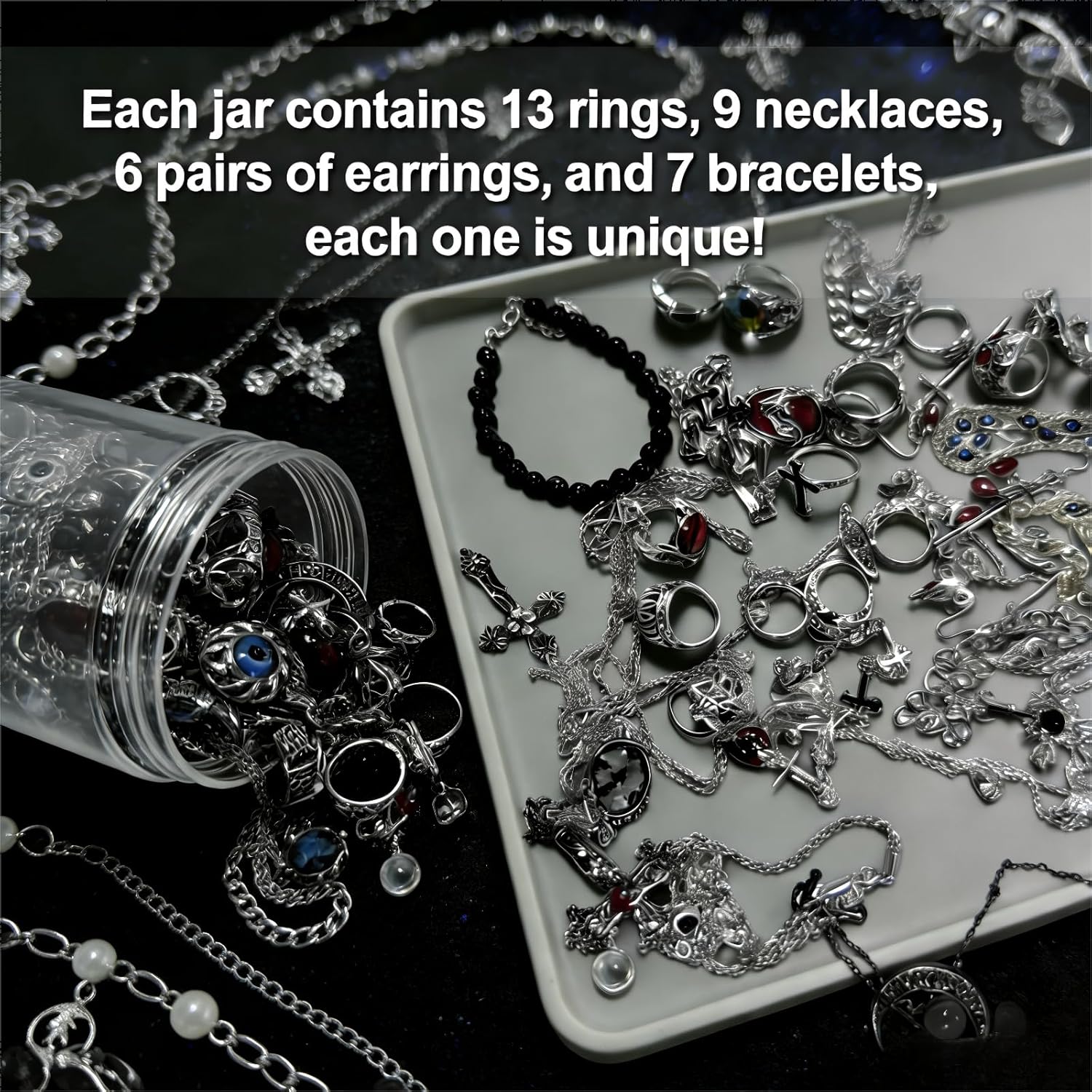 Mystery Jewelry Jar - 35 Pieces Gothic Surprise Jewelry Box Includes Necklaces, Earrings, Rings and Bracelets, Alternative Jewelry Set as Perfect Witchy Gifts for Women