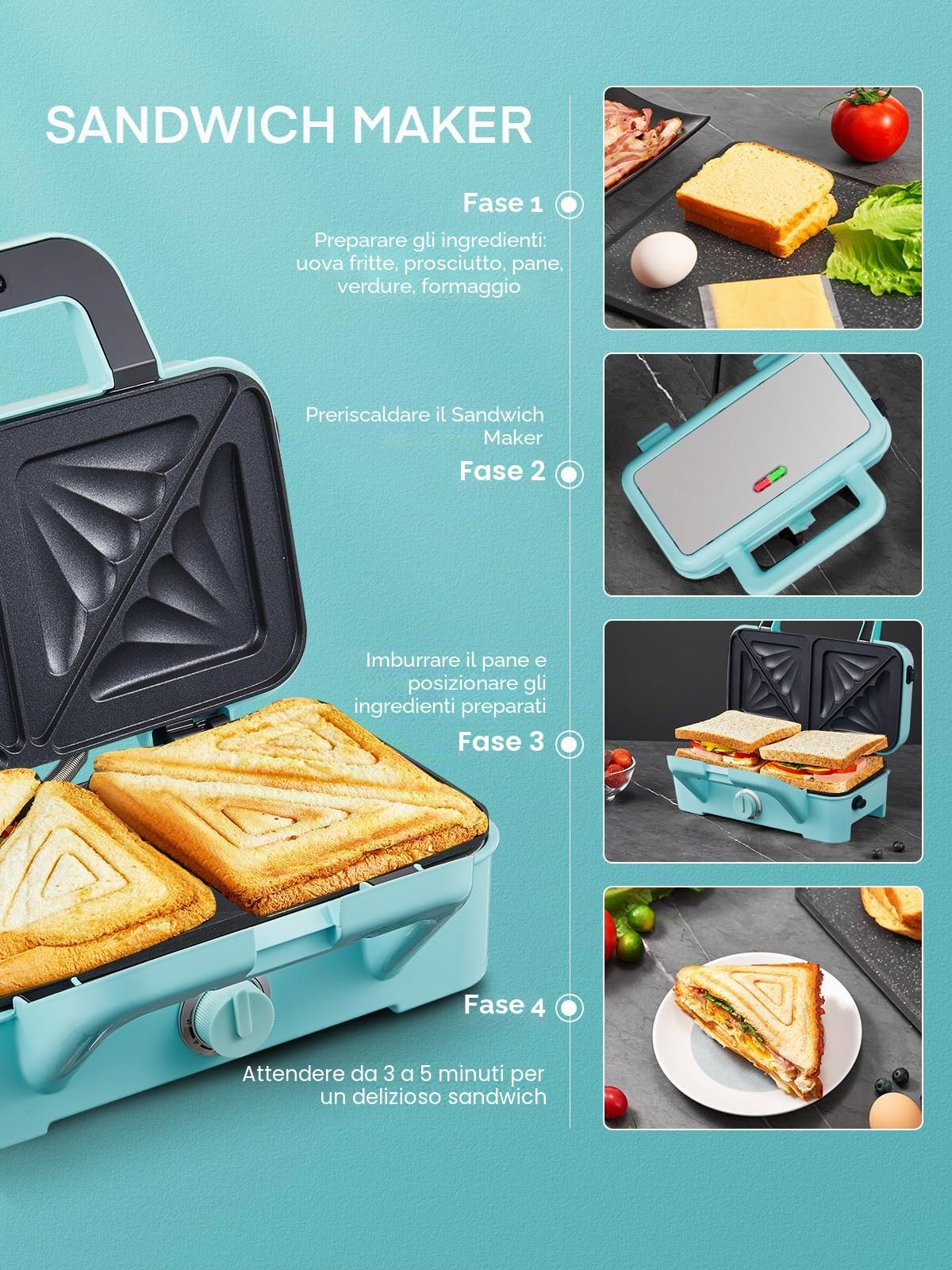 Piastra Waffles Maker 3 in 1, 1200W Tostapane Piastra Panini, Tostiera Elettrica, ad Alta Potenza, Controllo della Temperatura a 5 Marce, Deposito Cavi, Rivestimento Antiaderente (Blu)