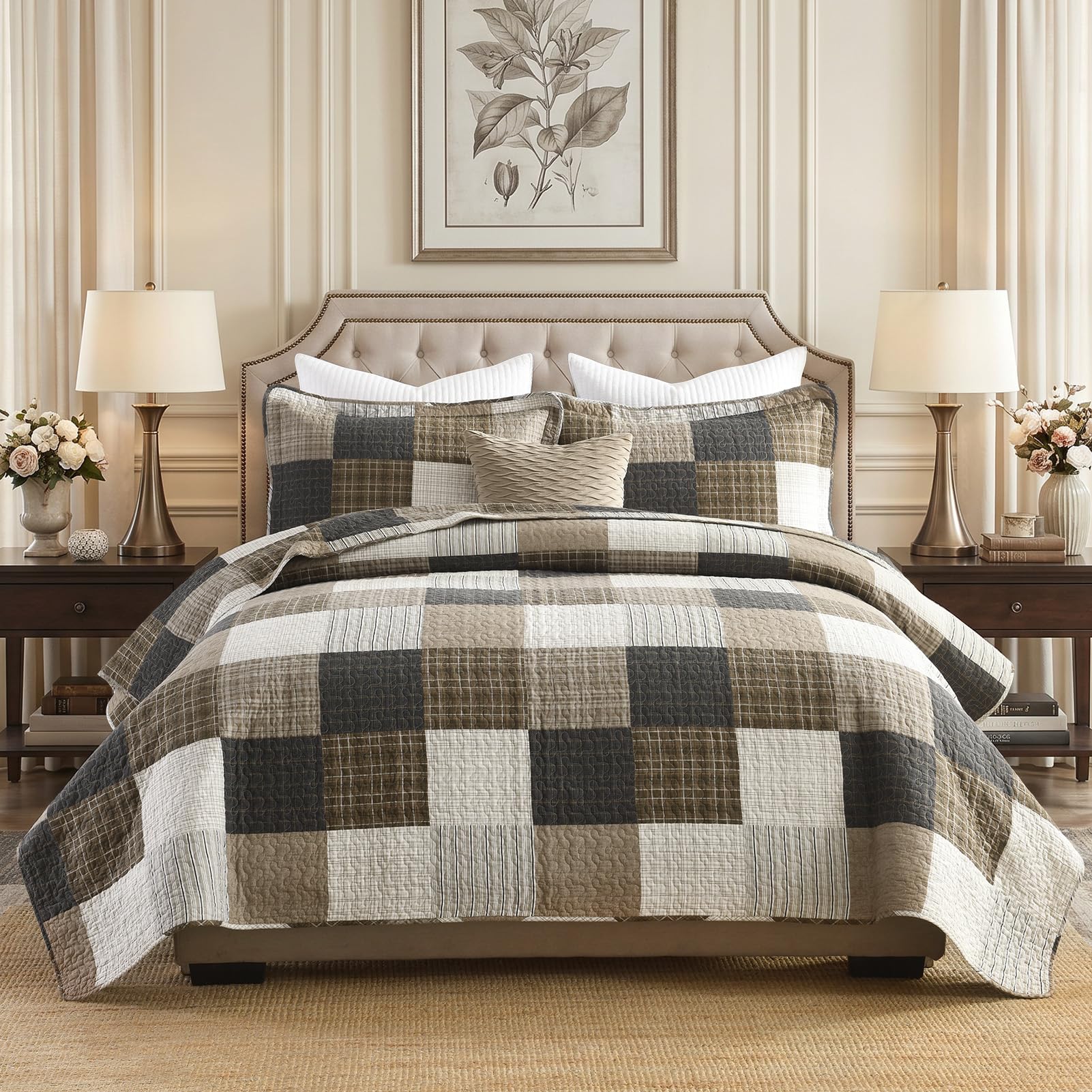 Quilta 100% Cotton Quilt Queen Size - Farmhouse Plaid Queen Quilt Bedding Set, Soft Lightweight Country Bedspread Set, Rustic Comforter for All Seasons 3pcs, Brown/Charcoal/Beige