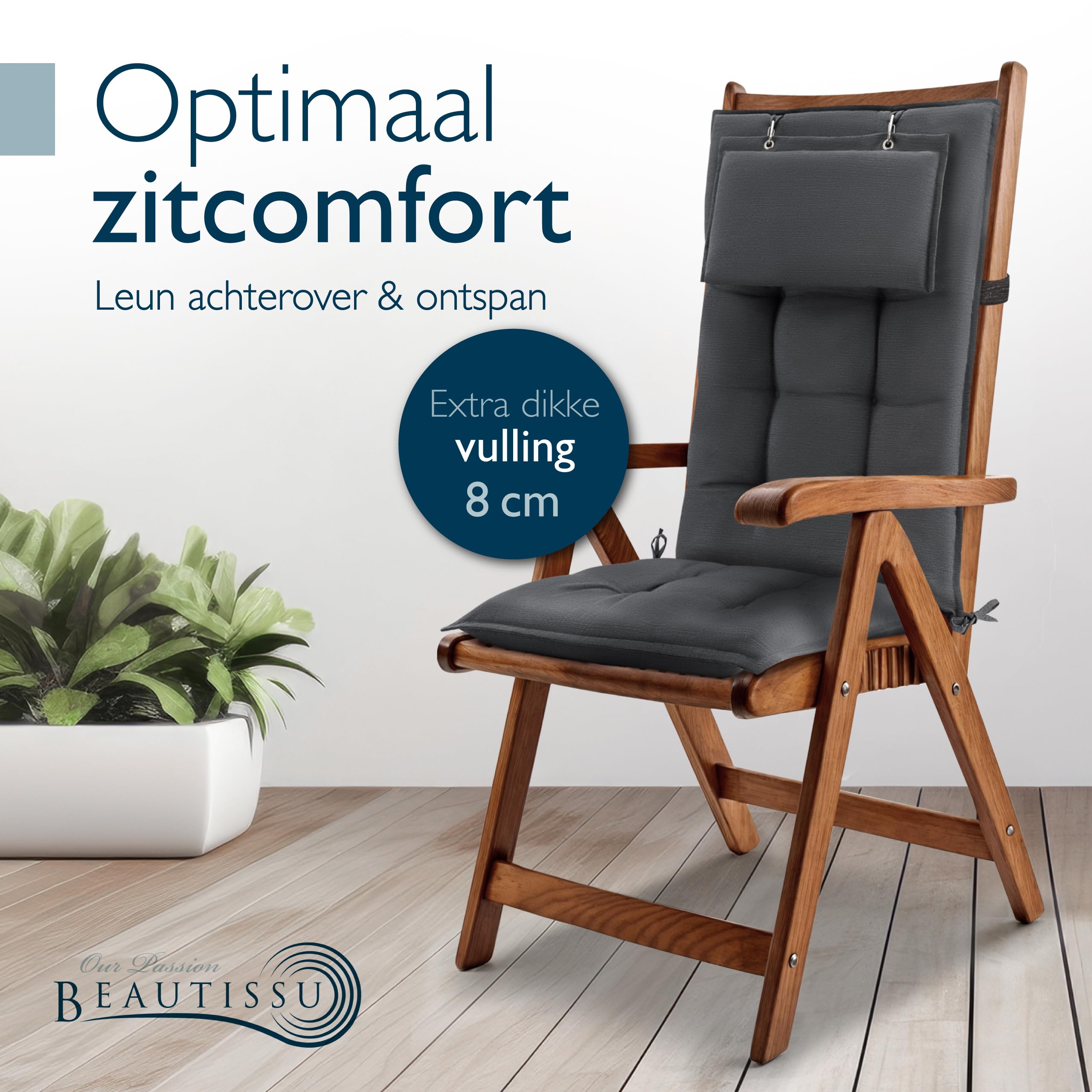 Beautissu Set van 2 Premium Hoge Rugleuning Kussen met Hoofdkussen 120x50 cm Sun-HL – UV-bestendig & 8cm Dik Kussen Tuinstoelkussen Antislip Bevestigingsbanden – Stevige Stof Taupe