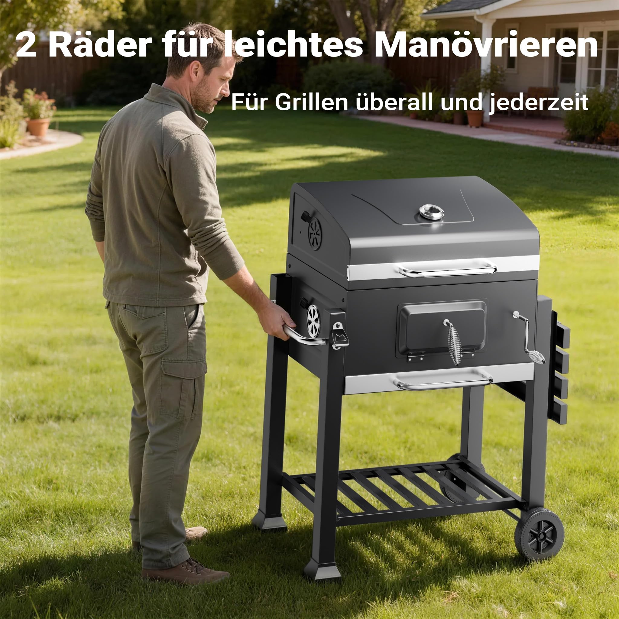 BBQ Holzkohle Grillwagen mit Deckel, Ablage und Feuerklappe, Höhenregulierung für Kohle, Thermometer