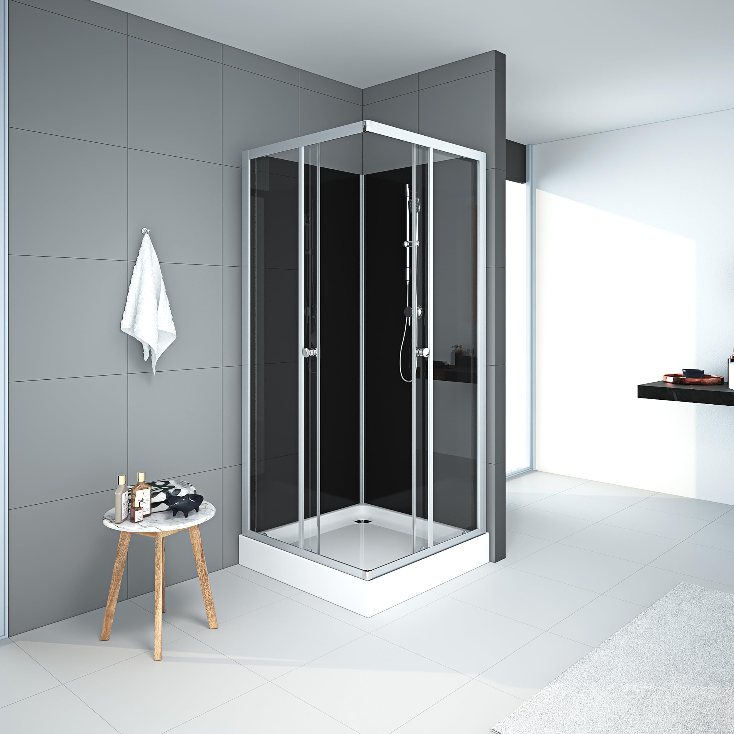 MARWELL Komplettdusche Black Reef – Dusche 80 x 80 x 195cm – Fertigdusche mit Duschwanne und Armatur – Duschkabine mit Eckeinstieg – Glasdusche aus Robustem Glas & Aluminiumrahmen – Modernes Design