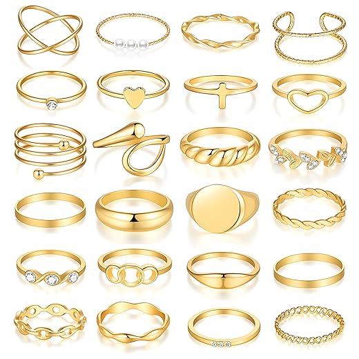FAXHION 24-60 Pcs Gold Stackable Rings for Women, Knuckle Rings Chunky Gold Ring Set Dainty Stacking Cute Rings, Multiple Sizes Cute Jewelry Set Gift
