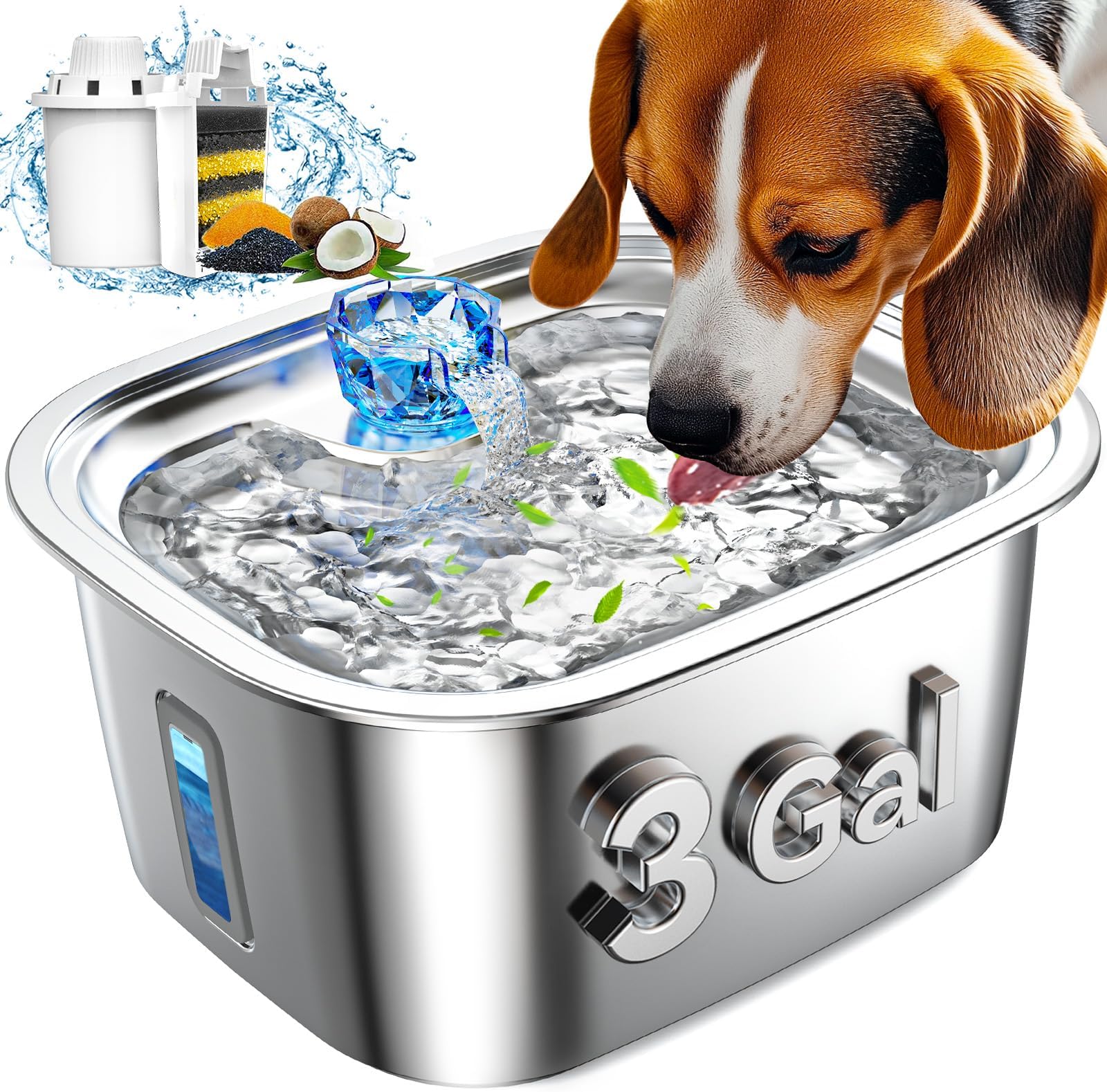 3Gallon Stainless Steel Large Dog Water Fountain for Large Dogs, Extra Large Capacity Big Pet Water Fountain with 2 Filters, Automatic Filtered Dog Fountain Water Bowl Dispenser Indoor,Quiet Safe Pump
