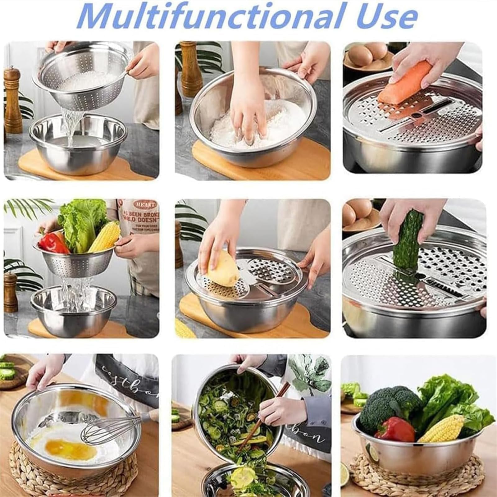 GERMANY DESIGNED 5in1 Multifunktionales Edelstahl Becken Set mit Reibe, Sieb, Abflusskorb & Salatbereiter - Premium Küche Rührschüssel für Gemüse, Obst und Nudeln