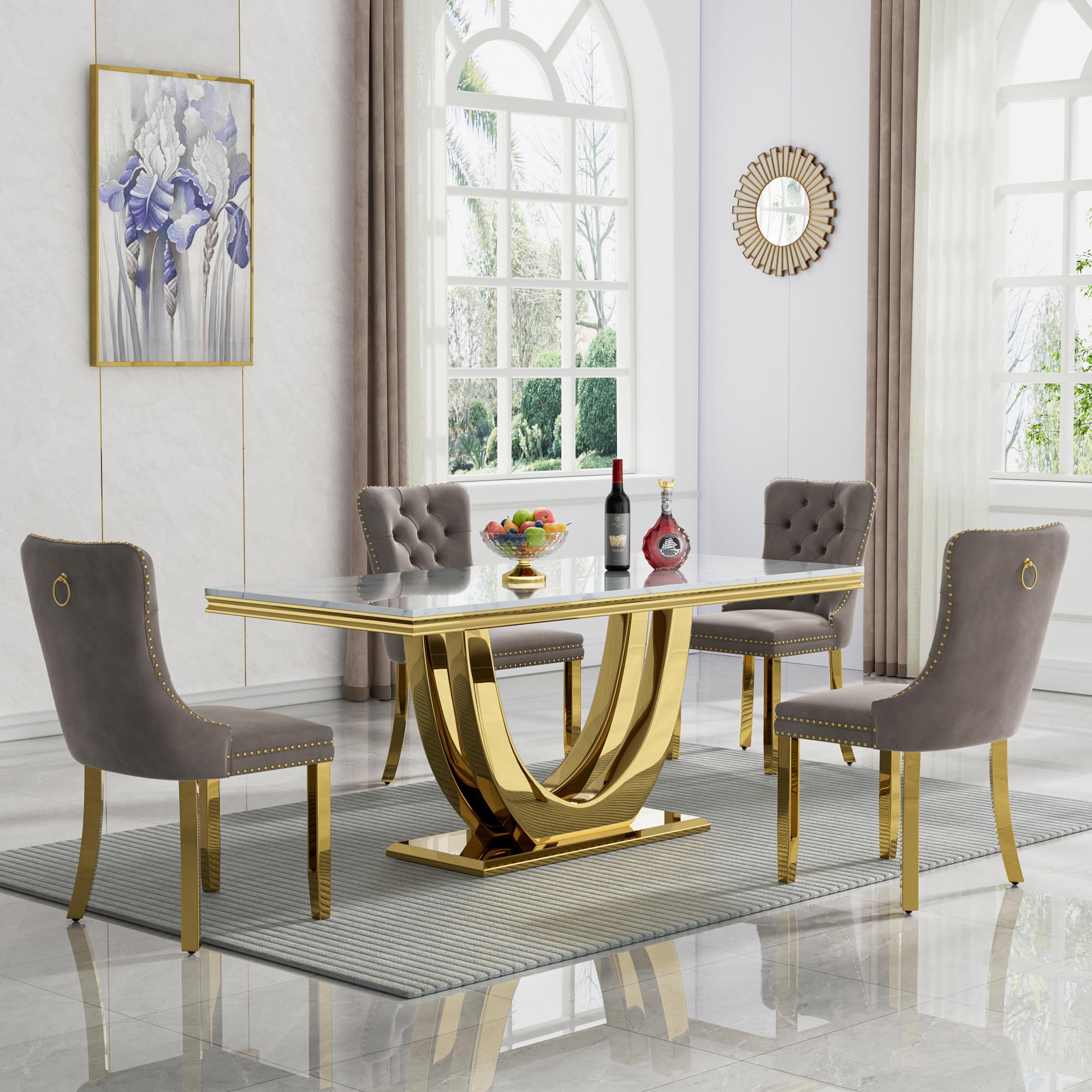 68" Marble Dining Table Set for 4, Luxury White Gold Kitchen Table with 4 Grey Velvet Dining Chairs Modern Fuax Marble 5-Piece Dining Room Table Set for 4 w/Stainless Steel Base