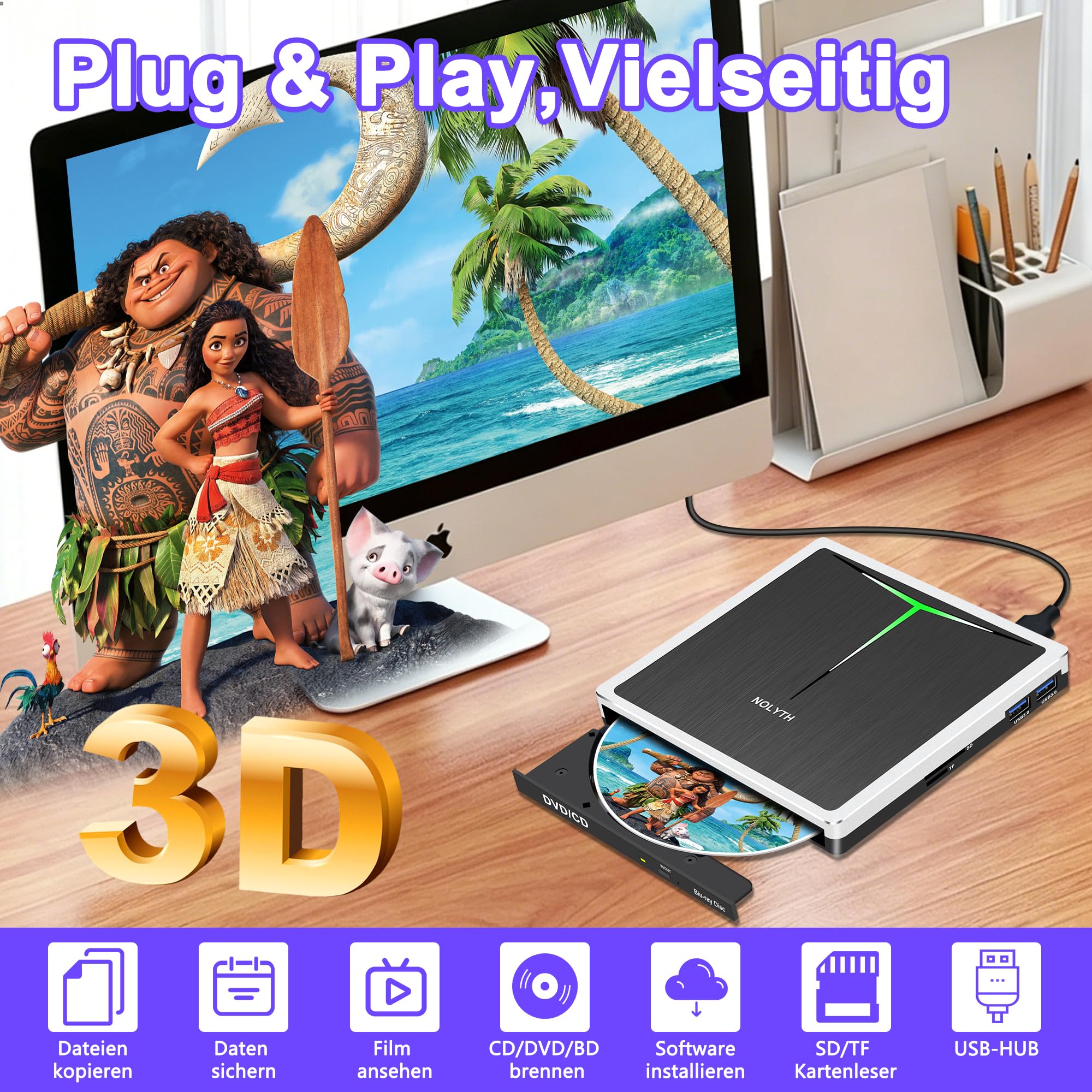 Unidad externa de Blu ray USB C, grabadora de Bluray externa USB 3.0 con ranura SD/TF/puertos USB/funda, portátil externo Blu-ray CD DVD para ordenador portátil, PC, Mac, Windows 11, MacBook