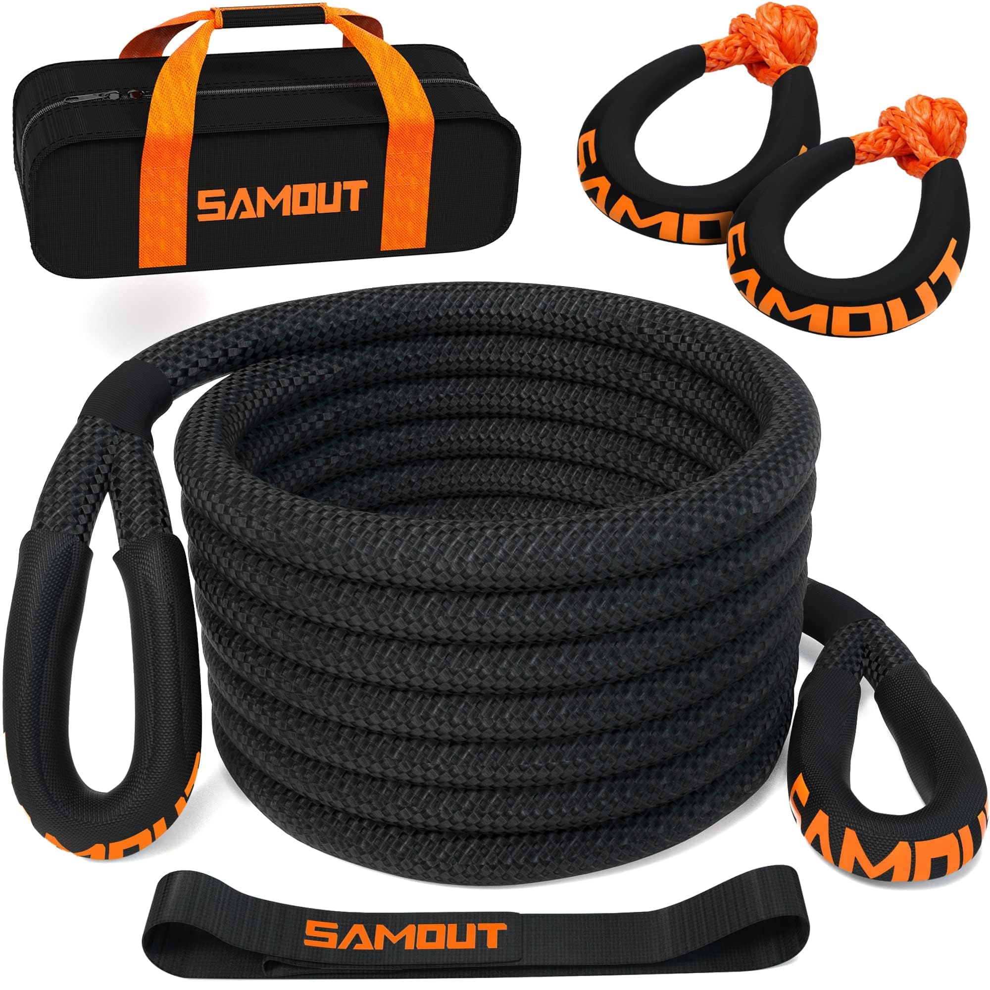 SAMOUTKinetic Recovery Rope (48000Lbs 1in x 30ft) + 2PCS Synthetic Soft Shackle, Extreme Duty 30% Elasticity Energy Strap for 4x4 Offroad Vehicle