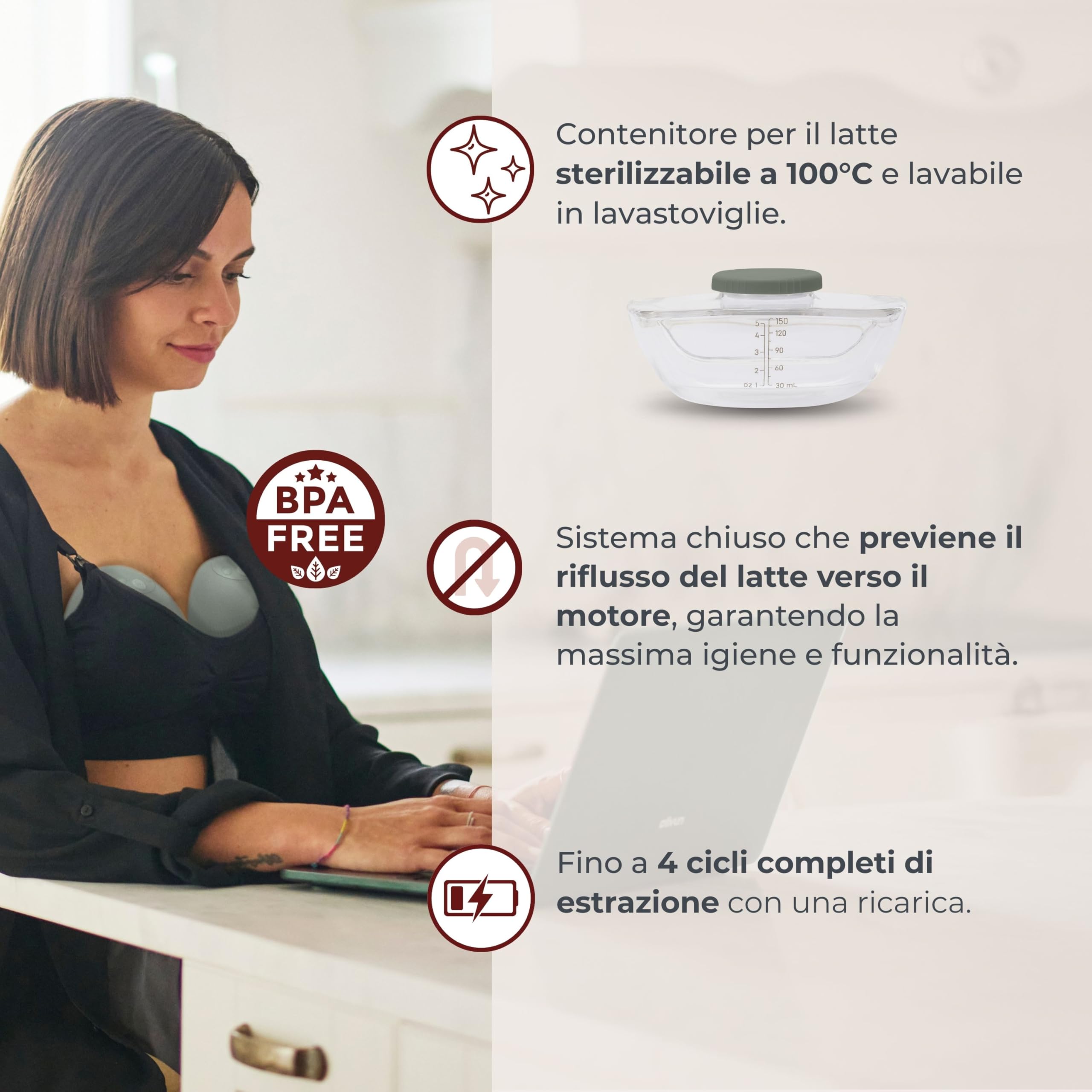 Nuvita 1264W Tiralatte Elettrico Indossabile 3 Fasi con Vibro-Stimolazione – Silenzioso, Portatile, Batteria Ricaricabile USB-C, 4 Cicli Completi, Coppa Silicone 24mm con Riduttori, Custodia Rigida