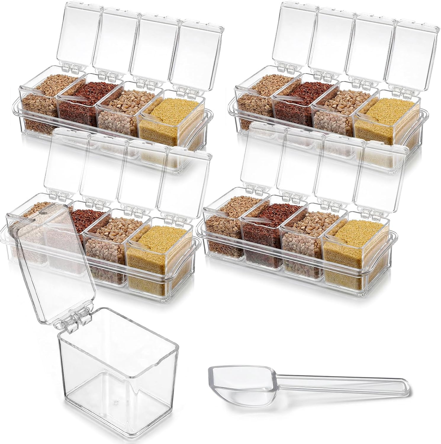 Acrylic Seasoning Organizer Set - 4 Sets of Salt Containers with Lids and Spoons, 16-Piece Spice Rack for Kitchen, Hot Cocoa Bar Supplies, Topping Containers for Sugar, Tea, Coffee, 10 x 4 x 3.3 In