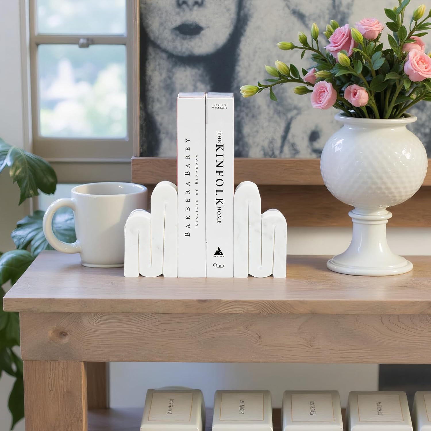 Sagebrook Home Set of 2 Modern Marble Bookends - White Stone Decorative Organizer for Home, Office, Bedroom & Living Room - Heavy Duty 6" Supports for Books & Magazines