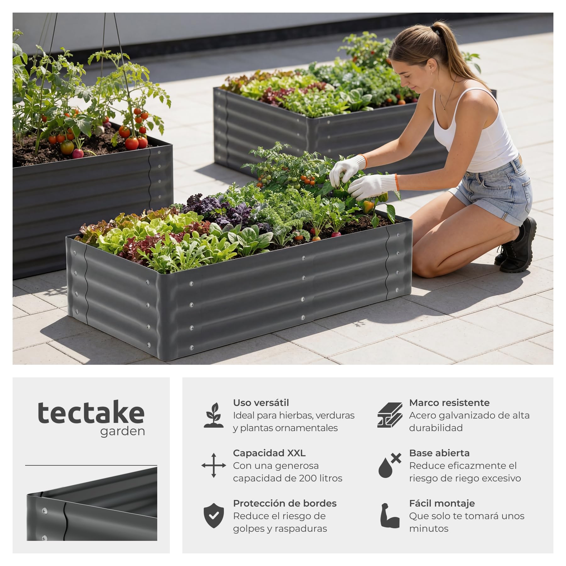tectake® Bancal Elevado de 200L, para Huerto Urbano, Jardineras Exterior Grandes, Maceteros Grandes Exterior, Jardin, Macetero Grande, con Guantes, Suelo Abierto, Malla Metalica - 120 x 60 x 30 cm