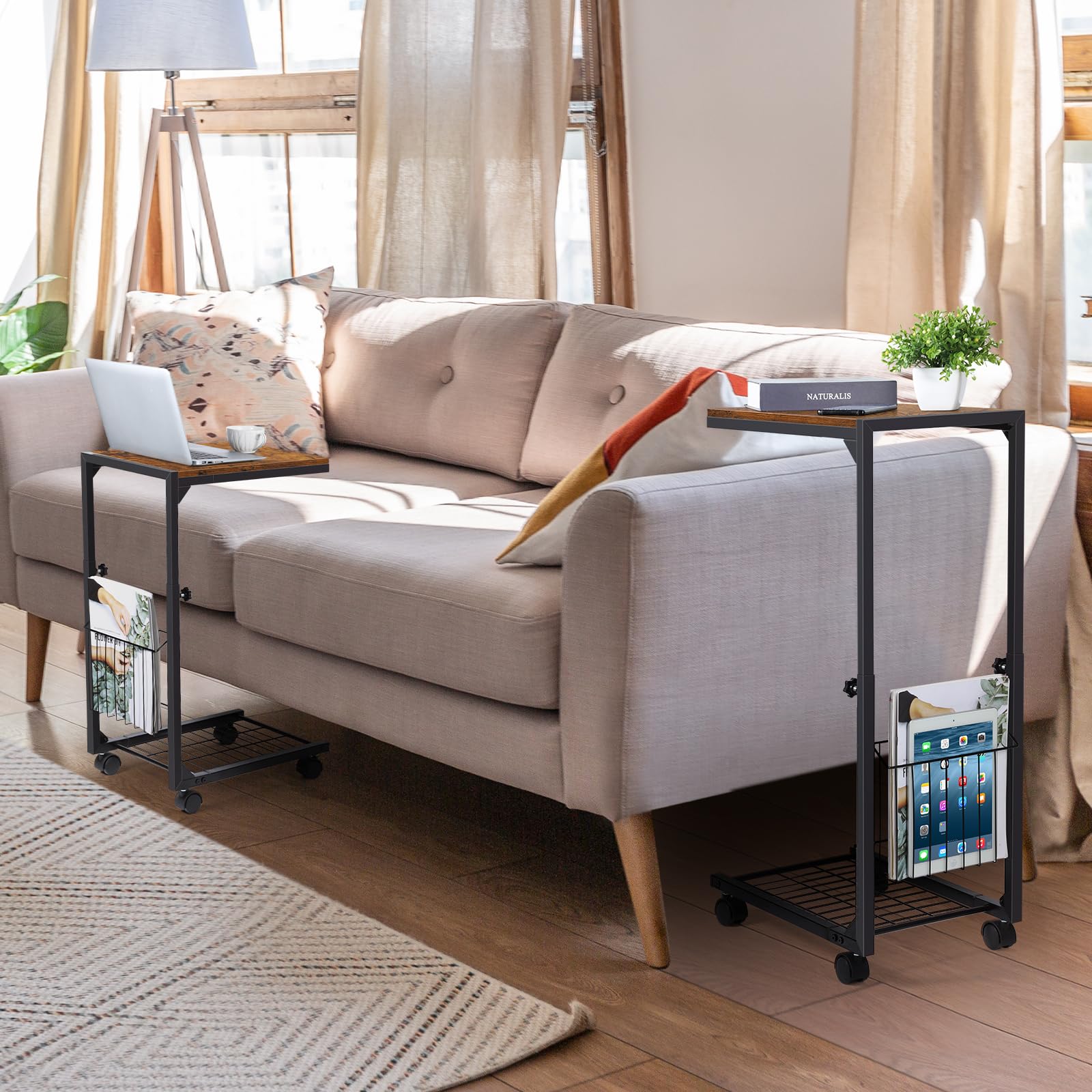 melos C Table End Table, C Shaped Adjustable Height Tables for Couch, Couch Tables That Slide Under, Rolling Sofa Side Table with Storage, Snack Table for Living Room, Bedroom, Rustic Brown