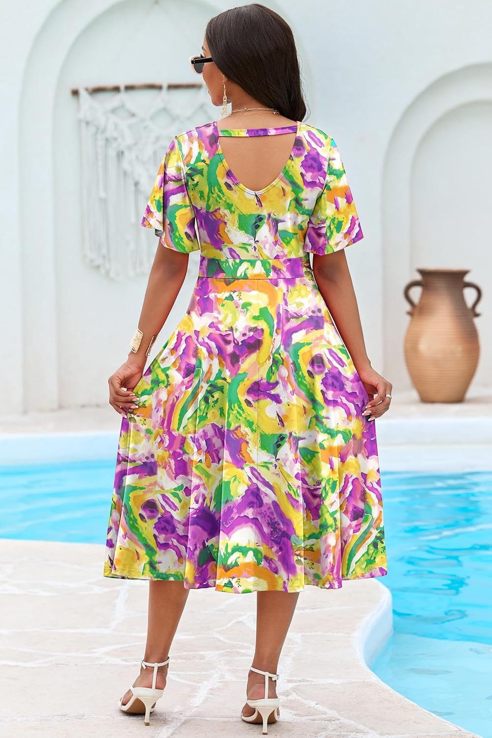 FANDEE Women's Casual Midi Dress Short Sleeve Ruffle V Neck Colorful Cocktail A-Line Flowy Loose Vacation Dresses - Image 5