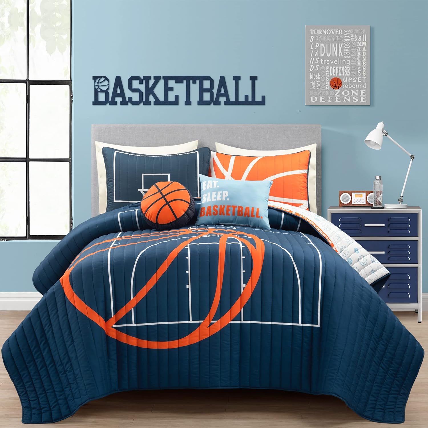Lush Decor Basketball Game Reversible Quilt Queen Size 5 Piece Set, Full/Queen Navy - Kids Bedding Set - Queen Size Quilt - Sports Décor