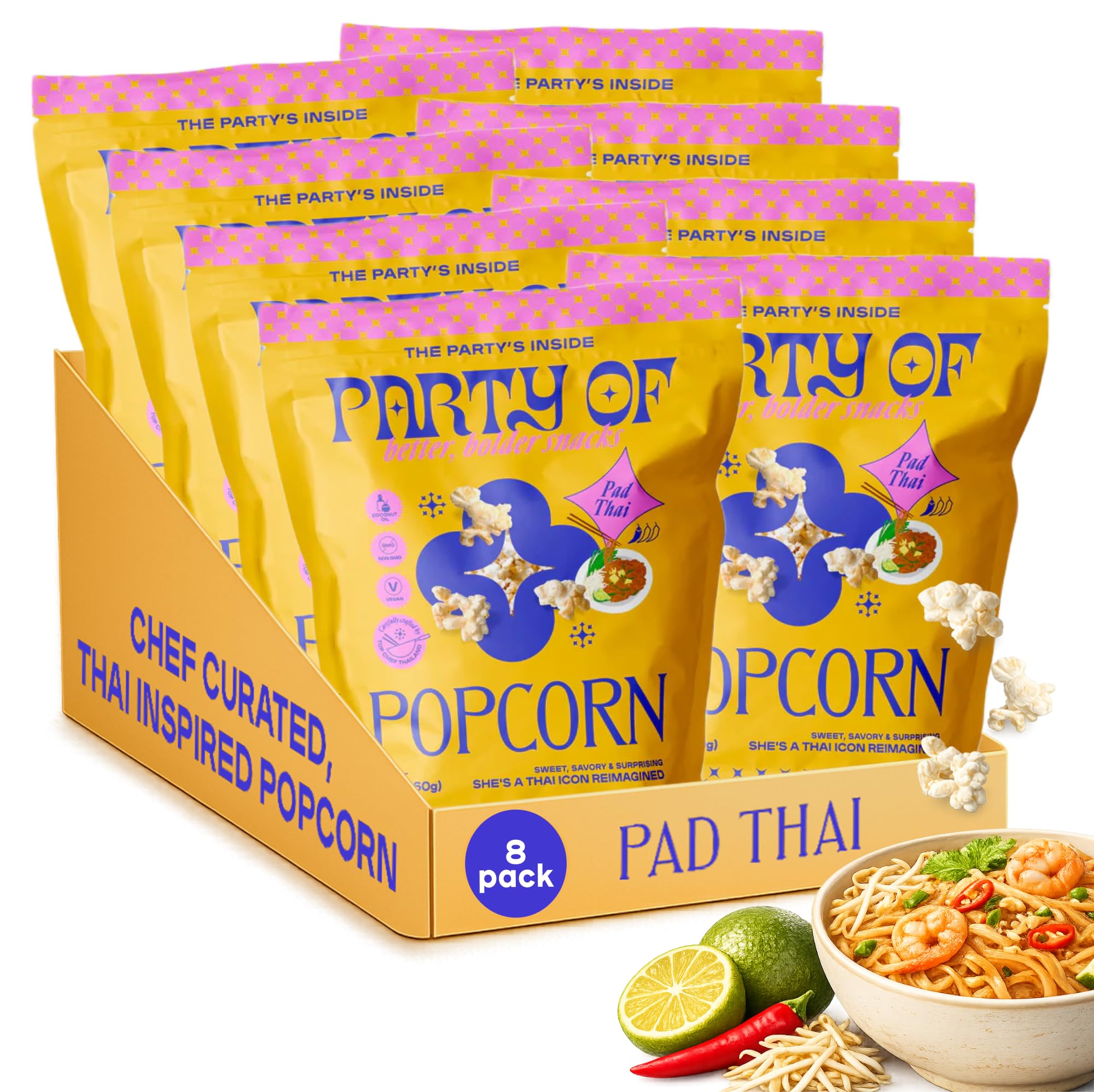 Party of Pad Thai Popcorn – Flavored Gluten-Free Snack Made from Veggie Ingredients, Individually Wrapped, Salted Variety Bags for Sharing, Movie