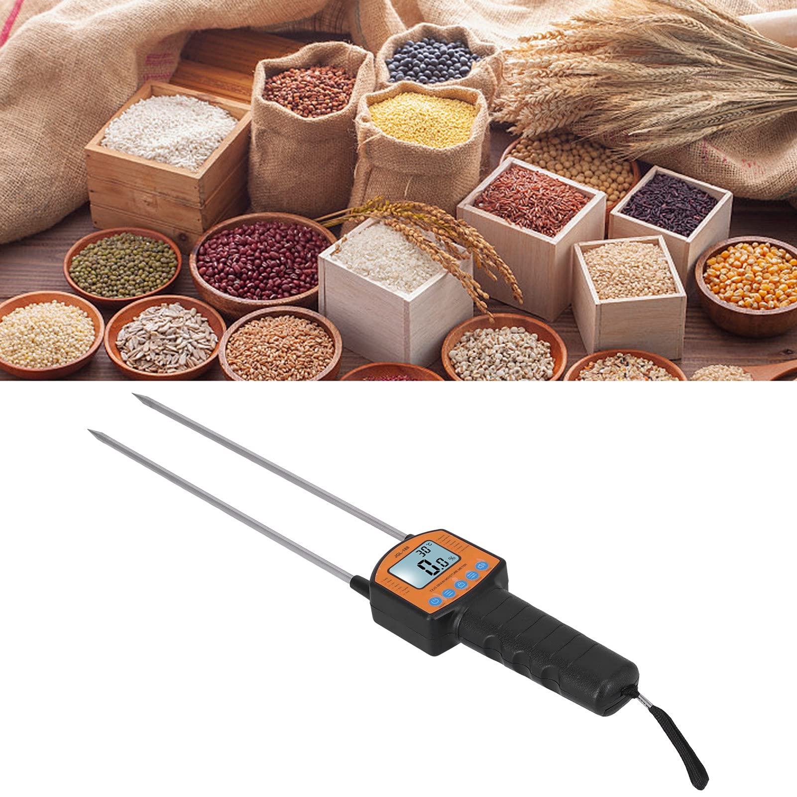 Medidor de humedad Pantalla LCD retroiluminada de 4 dígitos Herramienta portátil de medición de humedad de lectura instantánea para cultivos agrícolas y almacenamiento de granos