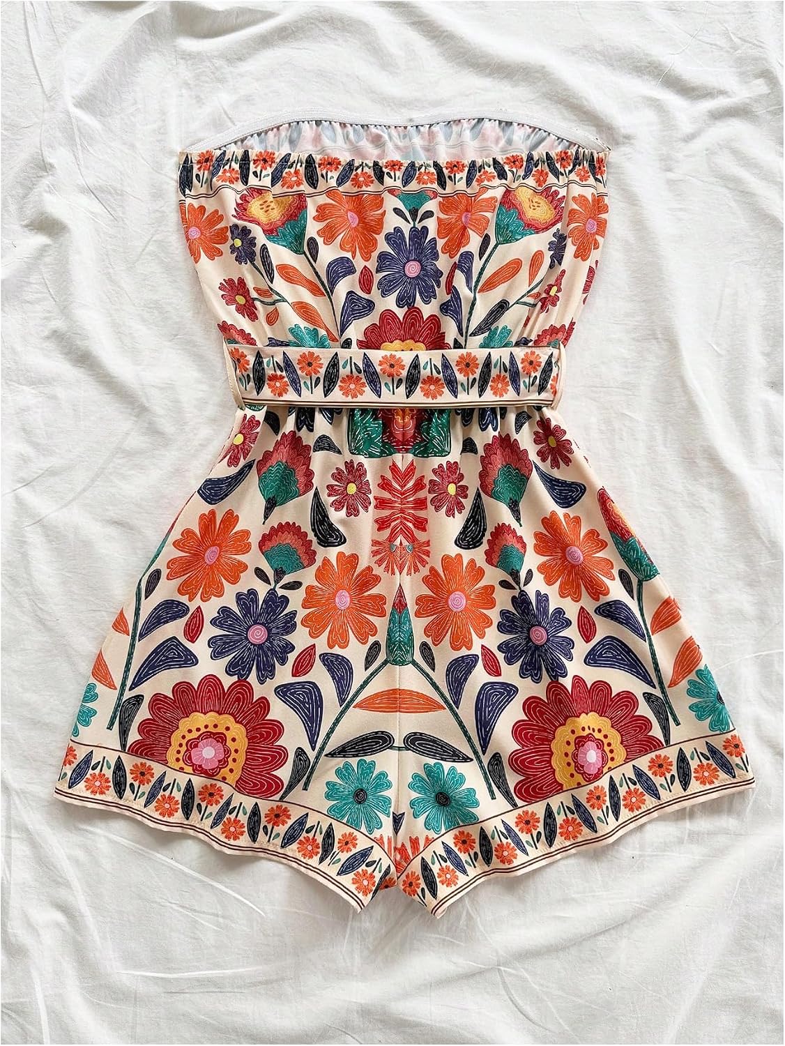 SweatyRocks Women's Boho Floral Print Strapless Romper Sleeveless Belted Shorts Jumpsuit Beach Vacation Outfits