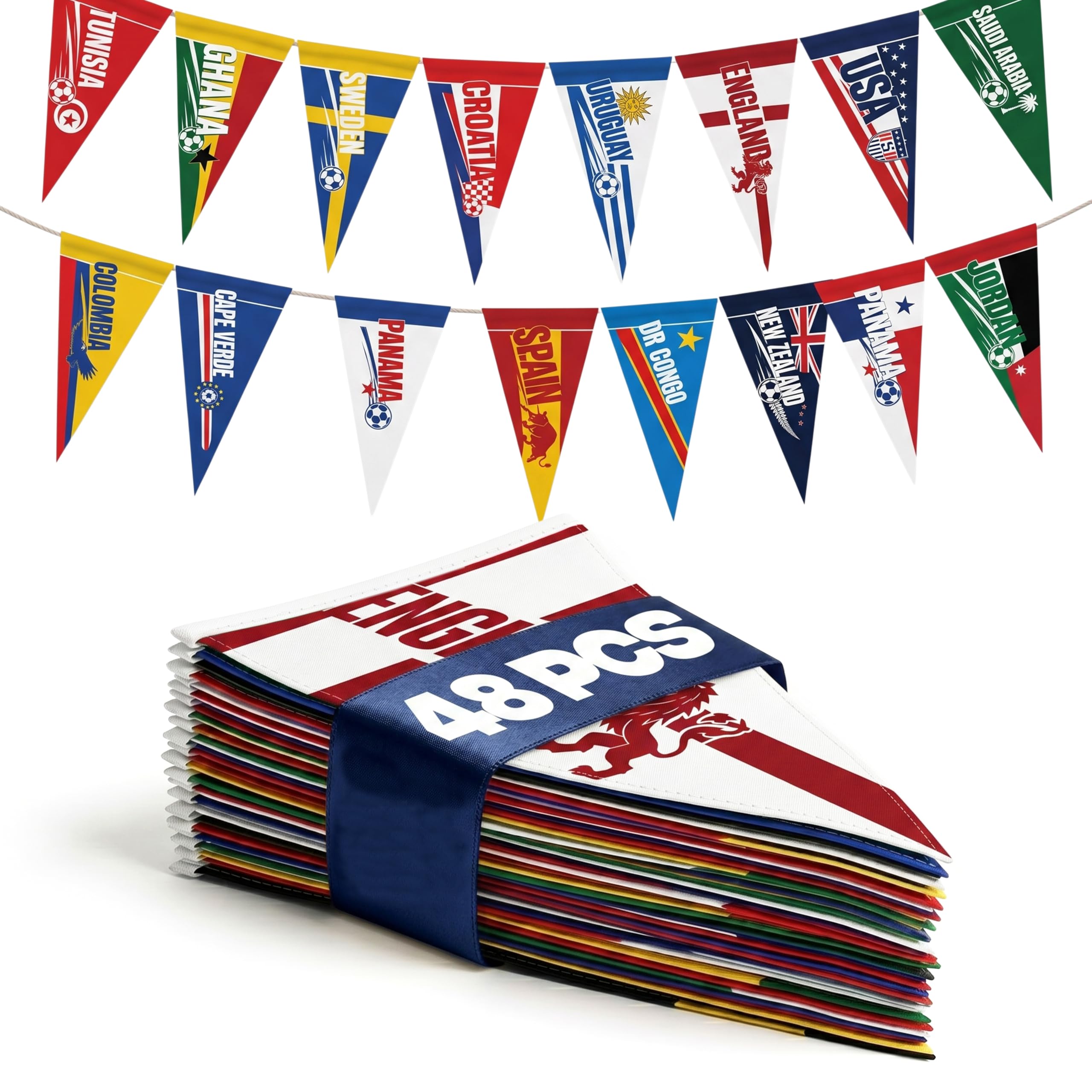 World Cup country Flag Pennants 48Pcs (10x23cm) Countries Triangle Flags - 15m Polyester Rope - Football championship Bunting Pennant for Party, Tournaments, Garden, Streets & Pub Bar