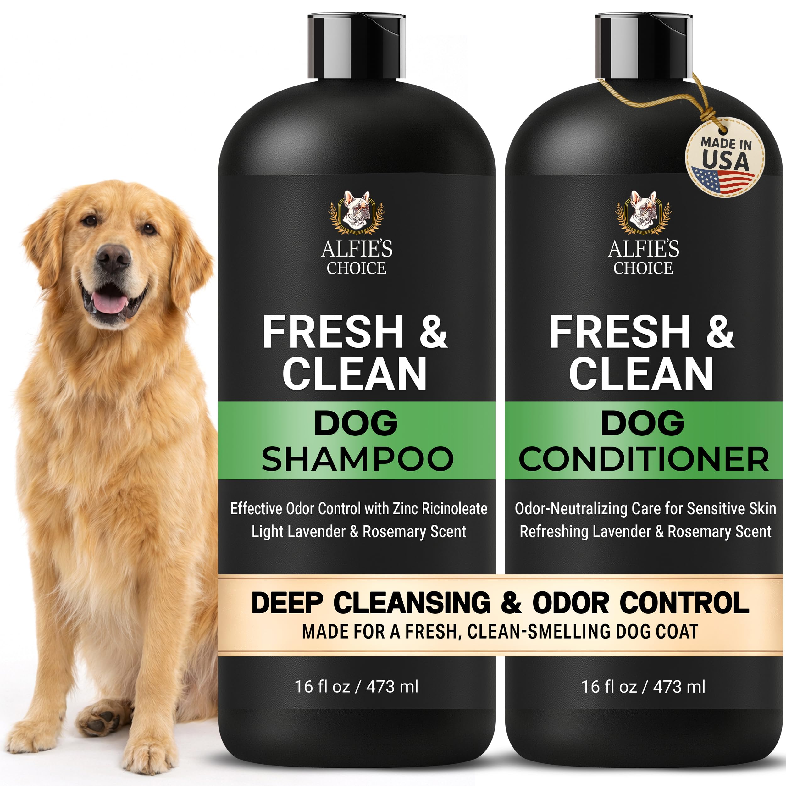 ALFIE'S CHOICE Fresh & Clean Dog Shampoo and Conditioner Set | 16 fl oz Each | Lavender & Rosemary | Deep Cleansing for Smelly Dogs | Deodorizing &