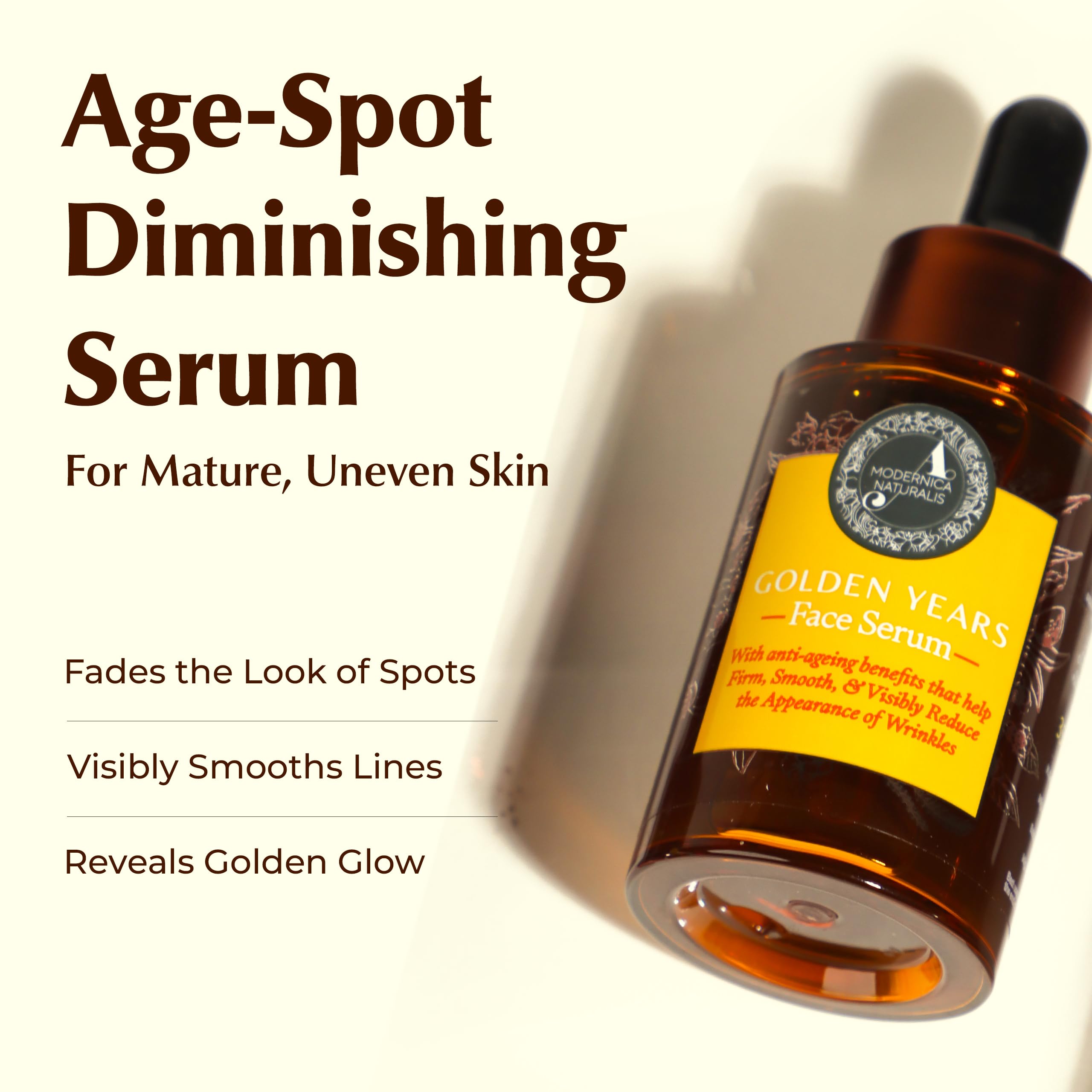 A.Modernica Golden Years Gesichtsserum | Hilft das Erscheinungsbild von Pigmentflecken, Altersflecken und feinen Linien zu verbessern | Mit Ashwagandha, Safran & Niacinamid | Dermatologisch getestet |