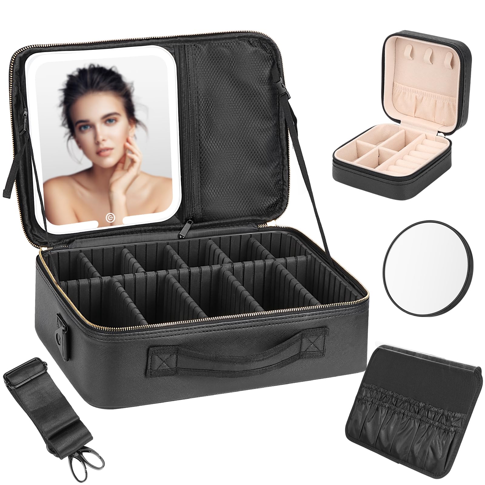 Yokilly Estuche de Maquillaje con Espejo LED: 3 Modos de Luz Organizador De Maquillaje Maletin Maquillaje - Extra Grande Bolsa de Maquillaje con Espejo y Luz (Negro)