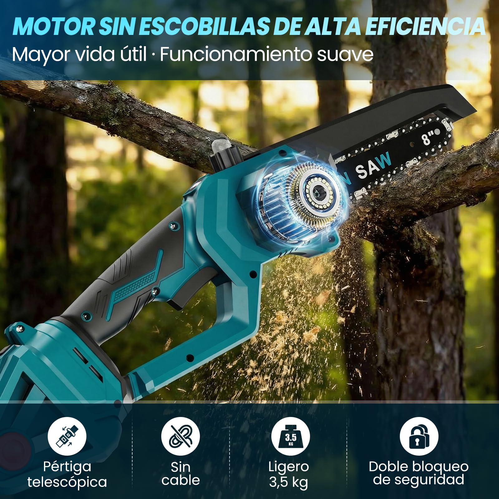 Anbull 2-en-1 8 Pulgadas Mini Motosierra de Pértiga Inalámbrica | Motosierra electrica telescopica 1200W Sin Esc, 2 baterías 4000mAh, alcance máx. 4,8 m, Ideal para poda y corte de ramas
