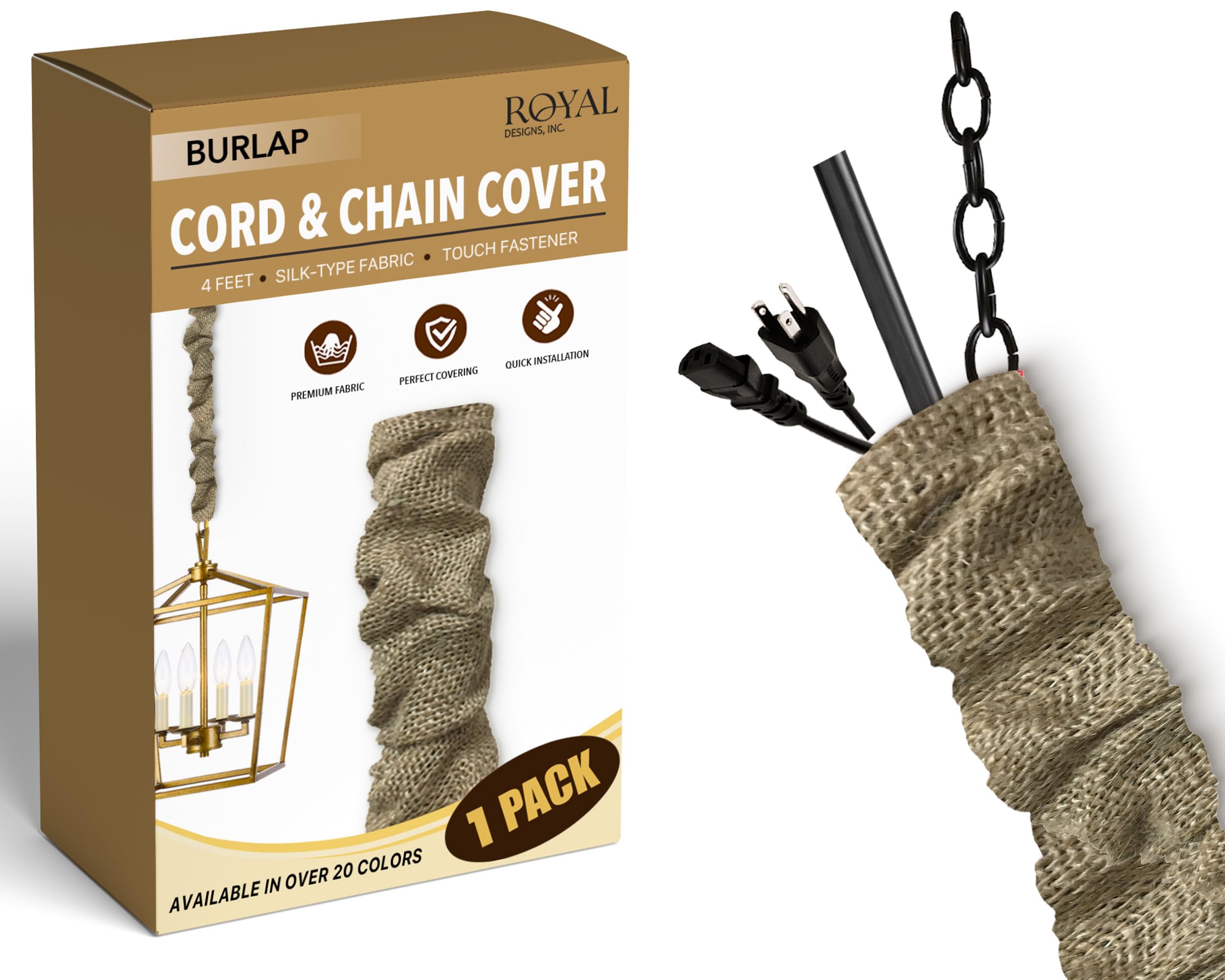 Royal Designs, Inc. Cord &amp; Chain Cover 4 ft Silk Type Fabric, Chandelier Pendant Lighting Chain &amp; Cable Management, Touch Fastener, Burlap - 1 Pack