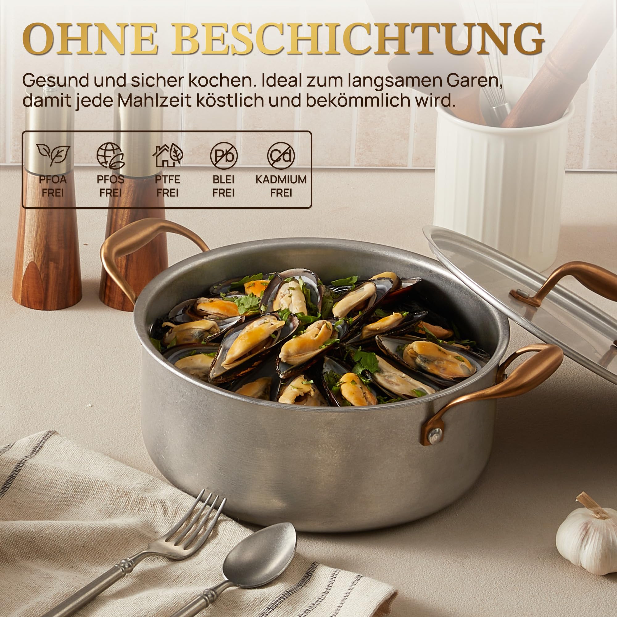 KOKHUB Edelstahl Pfannenset 7-teiliges, Retro Topfset Induktion mit Deckel | Kochtopf Set Unbeschichtete, Tri-Ply Edelstahlpfanne Set, Einfache Handhabung und Reinigung, Backofenfest