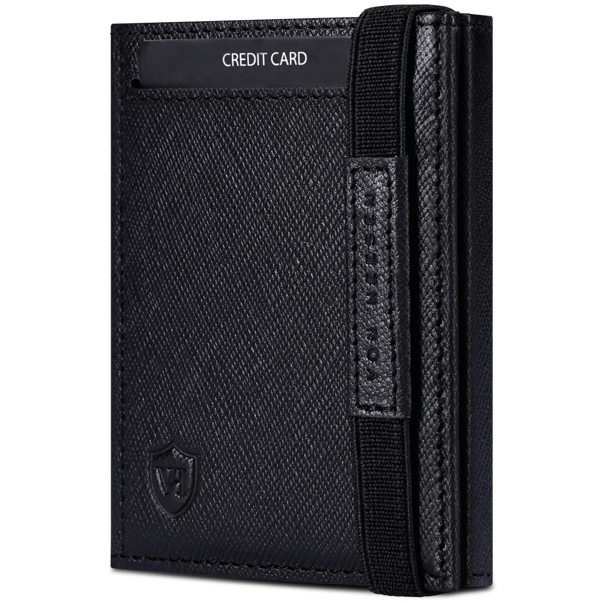 VON HEESEN Slim Wallet mit RFID Schutz - Geldbörse Herren klein - Mini Geldbeutel Damen Portmonee - Kartenetui Echtleder Karten Portemonnaie - Leder Kreditkartenetui Saffiano Schwarz