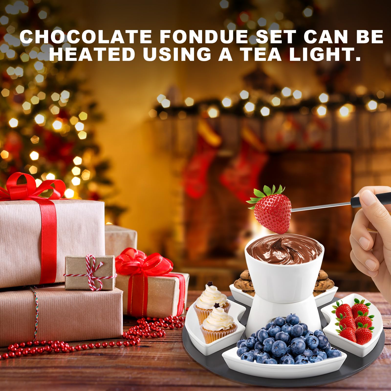 Ceramiczny zestaw do fondue czekoladowego, 300 ml, czekoladowe fondue z 4 talerzami ceramicznymi i 4 widelcami, podgrzewane jedną świecą, kolor biały, obracany czekoladowy fondue, zestaw