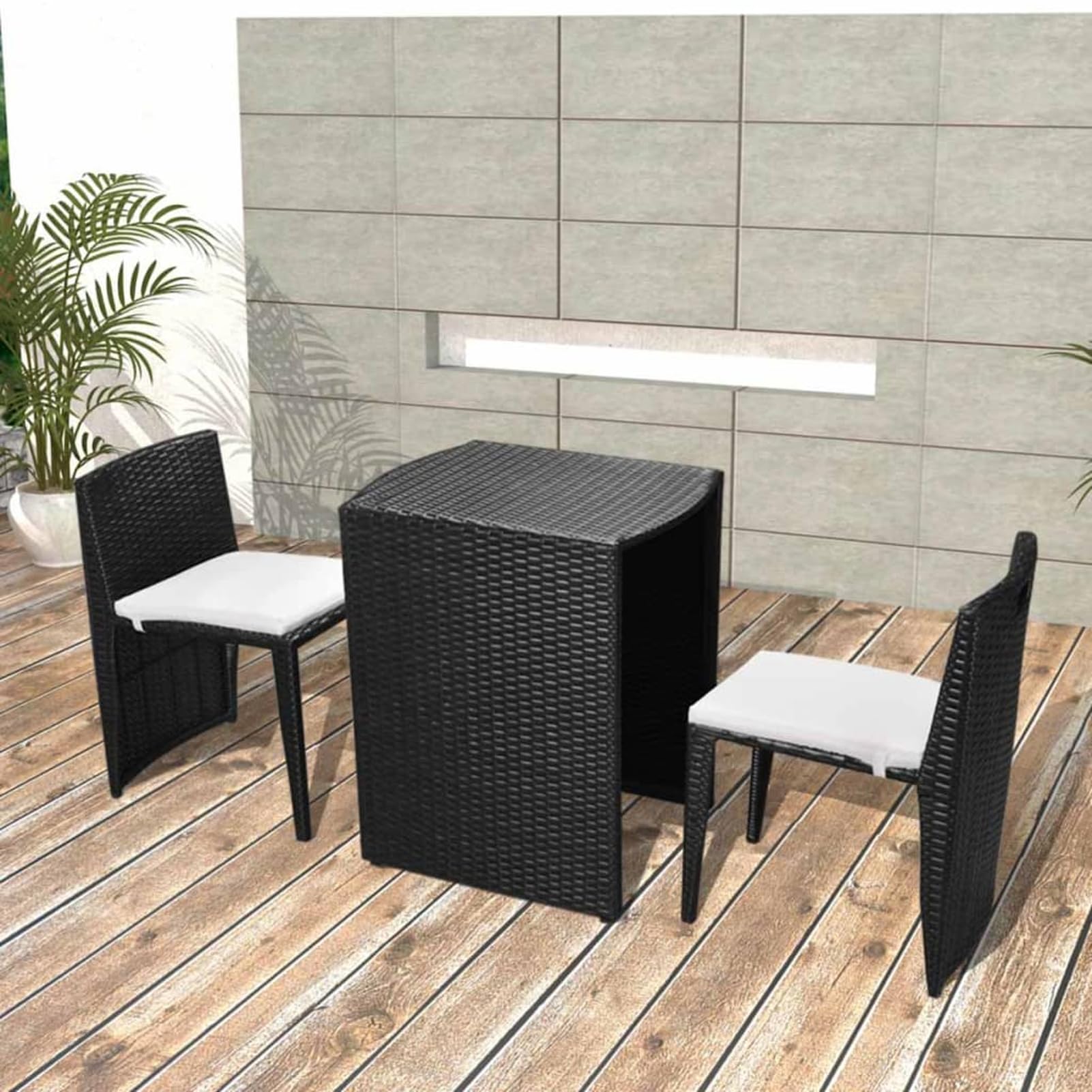 Set da pranzo da giardino in polyrattan nero, impermeabile, leggero e impilabile, tavolo da 60 x 48 x 70 cm + 2 sedie con cuscini bianco crema, per piccoli spazi esterni