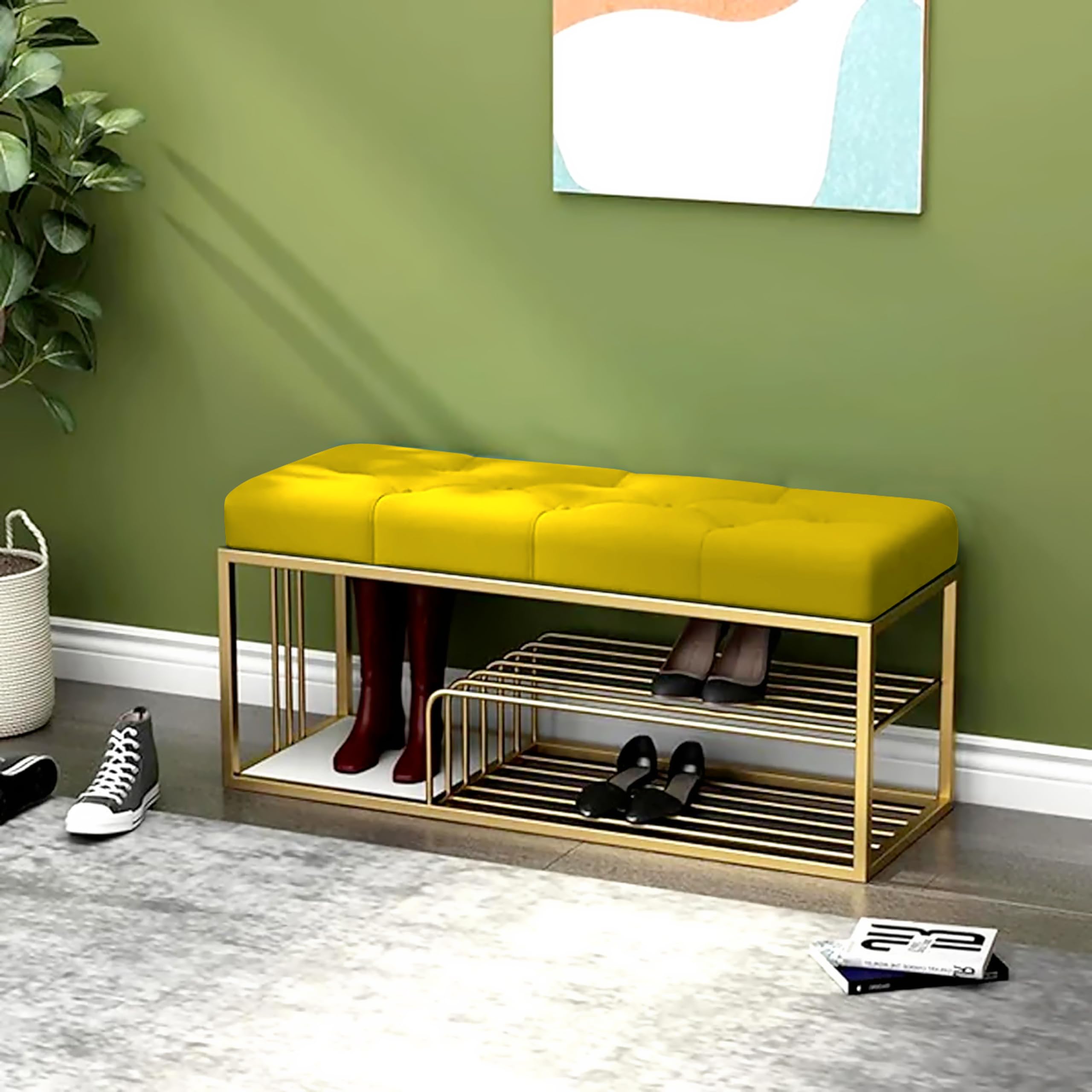 Dence Store Metal End of Bed Bench-Upholstered Entry Shoe Storage with Nailhead Trim,Black Mental Frame Ottoman Bench for Bedroom Entry Window Mudroom Living Room (Yellow)