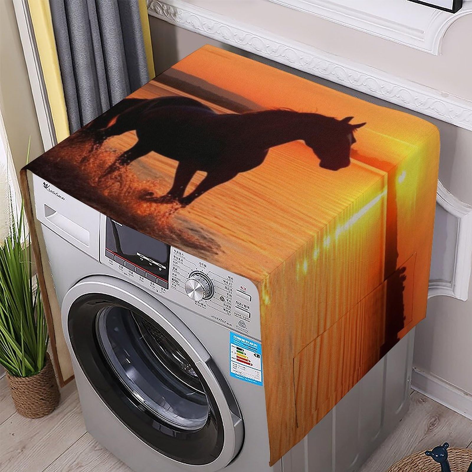 Fodpand White Washing Machine Cover For Top Load Dustproof Sunsets Lake Horses Washer And Dryer Cover With Storage Pockets Household Appliance Covers Washable Top Protector Mat Pad For Laundry & Kitchen