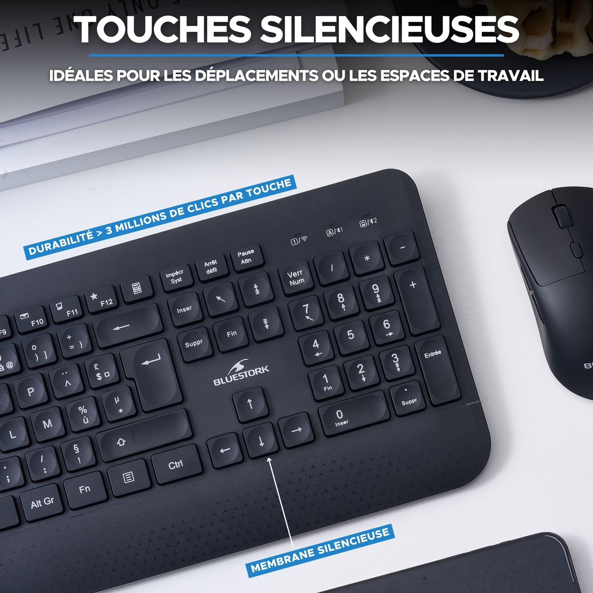 Bluestork KB Office R2 - Teclado inalámbrico, Dos Conexiones BT / 2,4 GHz, Teclado Bluetooth PC, Recargable USB-C, 70 h autonomía, silenciador - Windows/Tablets/Móviles - Disposición AZERTY Francesa
