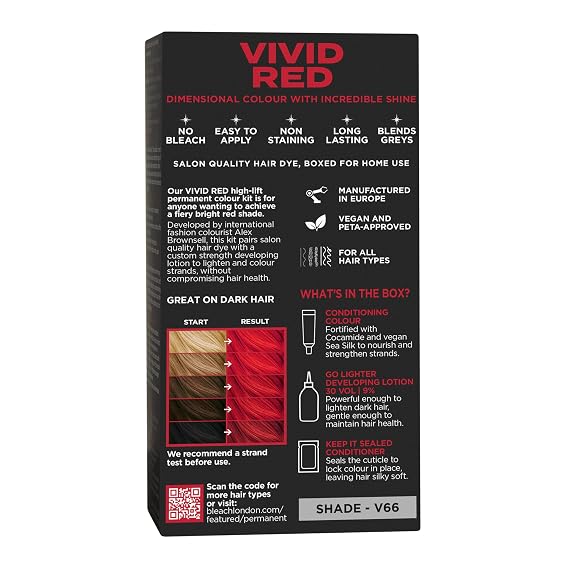 No Bleach London Permanent Hair Dye, Long-Lasting and Multi-dimensional At-Home Hair Colour, Fortified with Vegan Sea Silk and Cocamide for Incredible Shine, Colour: Vivid Red (Complete Kit)