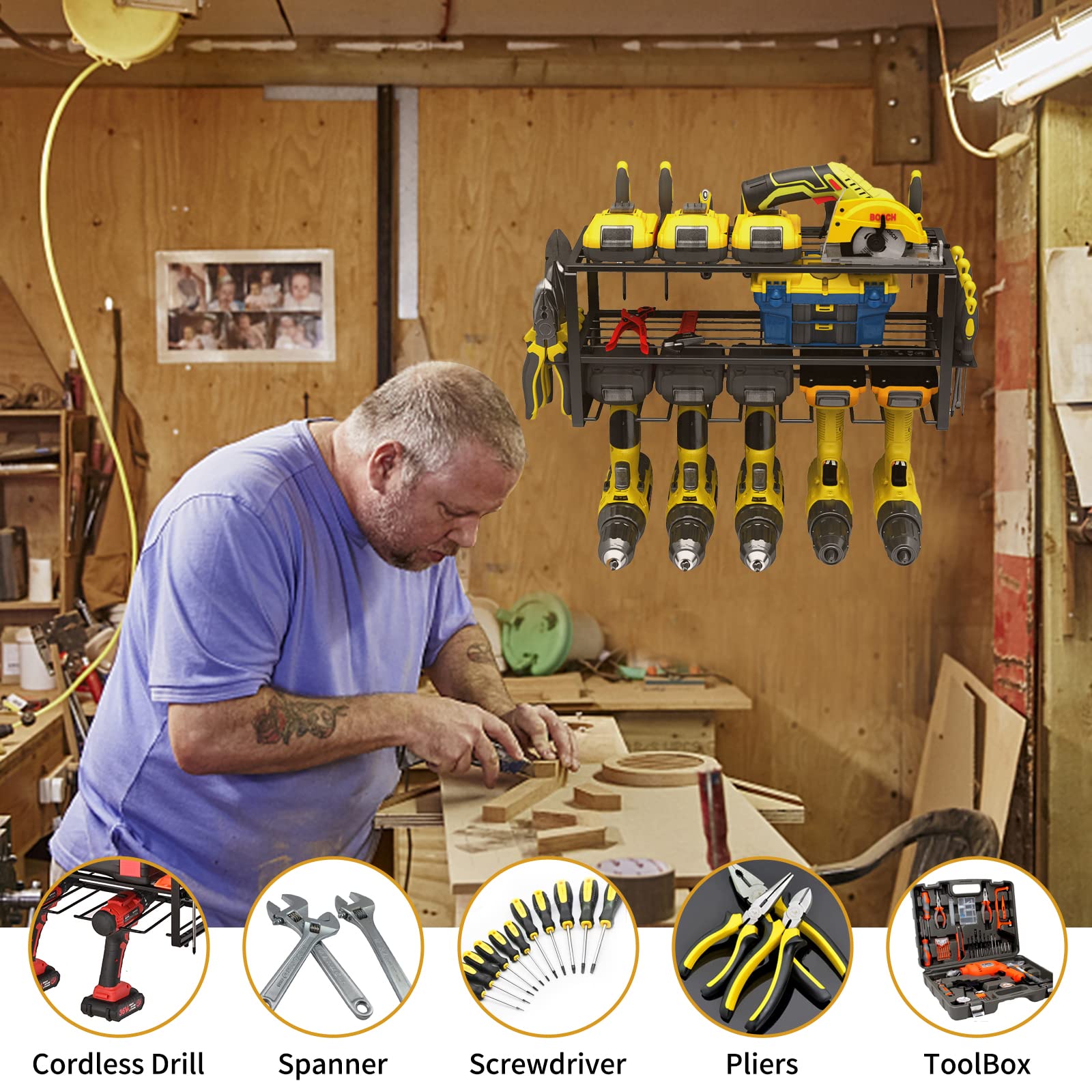 Organisateur d'Outils Électriques,Support Métal Mural pour cinq Perceuses,Robuste Organiseur d'outils électriques de Rangement pour Garage,Maison,Atelier,Noir