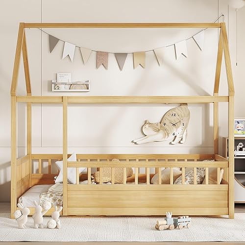Miniatura 12 de Bellemave Cama Montessori de madera con valla y techo para niños, marco de cama individual para niños, niñas (individual, blanco)