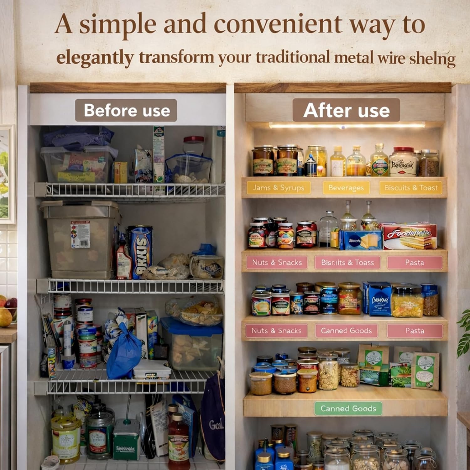 5 PCS Wire Rack Covers 24×12 in, Wood Grain PVC Shelf Covers with LED Motion Light &Labels, Renter Friendly, Easy-Cut Moisture-Resistant No-Tool, No-Drill Install for Pantry, Laundry, Kitchen, Garage