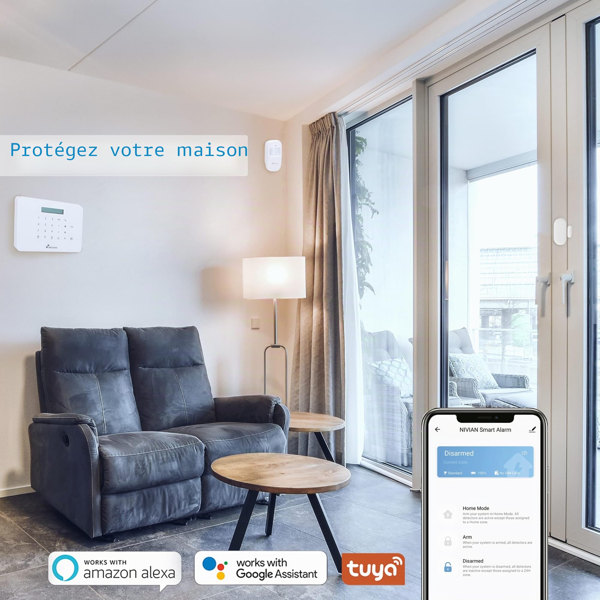 Nivian - Système d'alarme pour Maison et Entreprise sans Frais mensuels | Kit d'alarme WiFi/GSM | Télécommande Via l'application Tuya | Installation Facile sans câbles | Jusqu'à 60 détecteurs