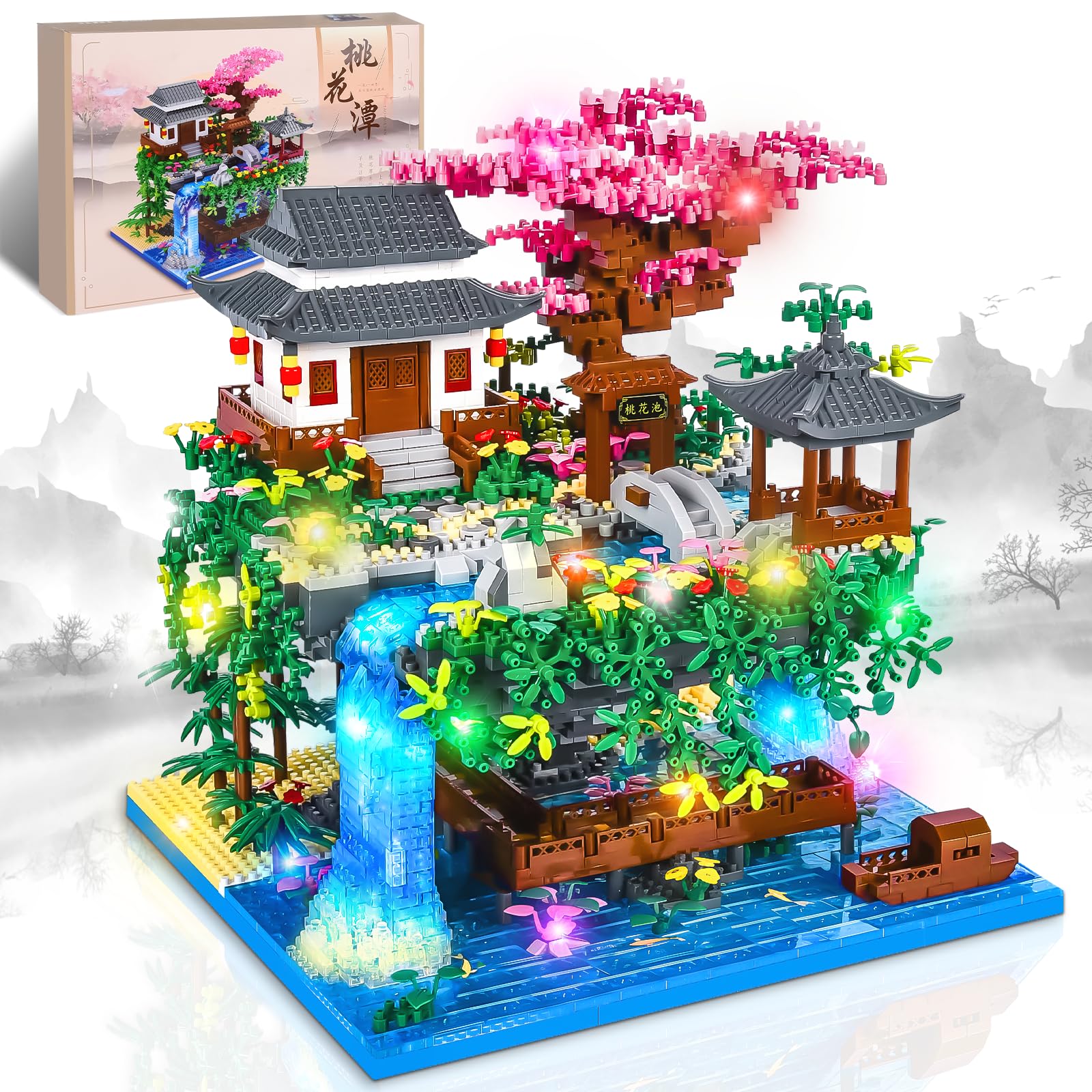 Charmofun 3320PCS Micro Mini Bloques, Peach Blossom Pool Bloques de Construcción de Casas, Arquitectura China de Garden Creative Stem Juegos Regalo Creativos para Adulto Niño
