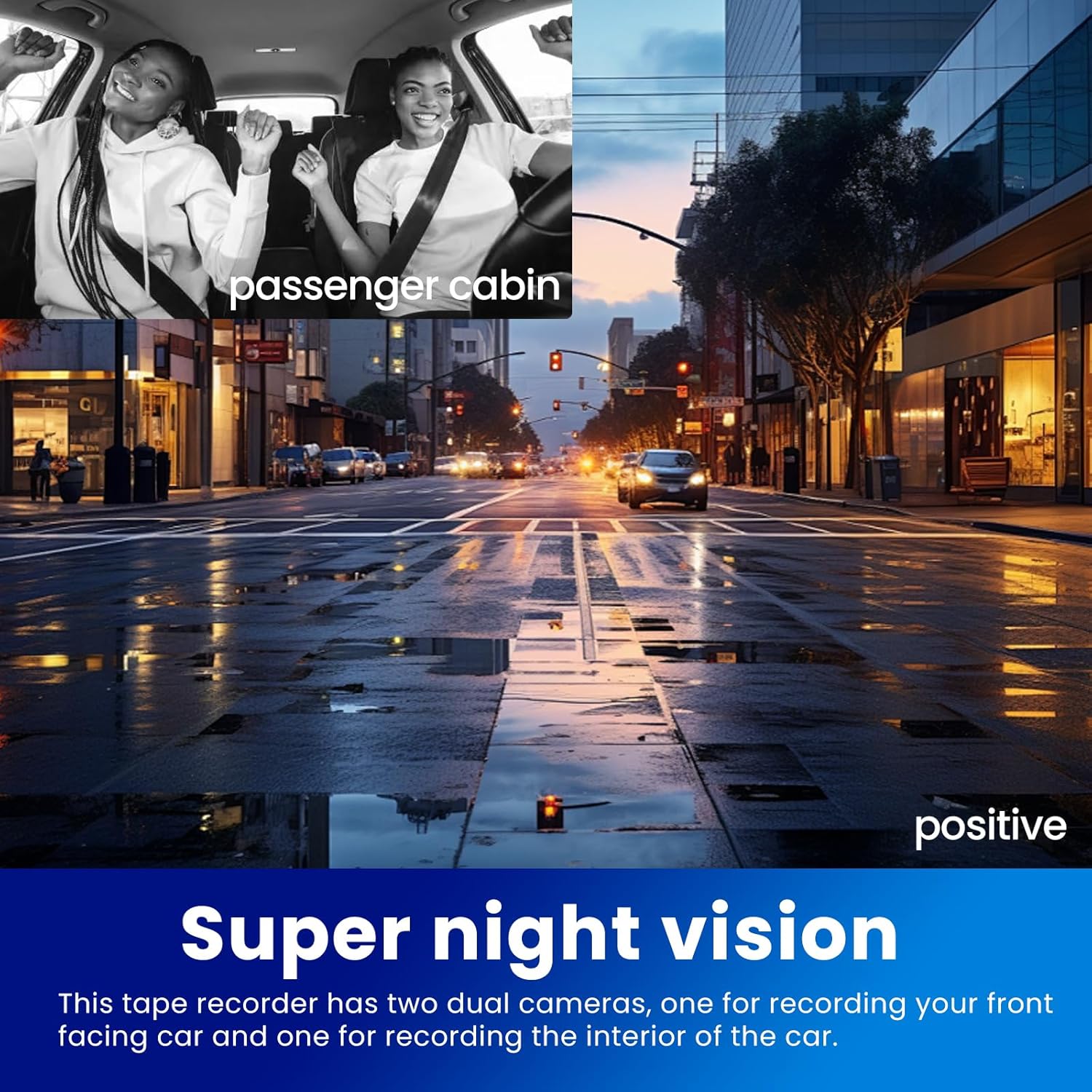 Comparison image showing clear night vision recording of both the passenger cabin and the road ahead, demonstrating the 'Super night vision' feature.