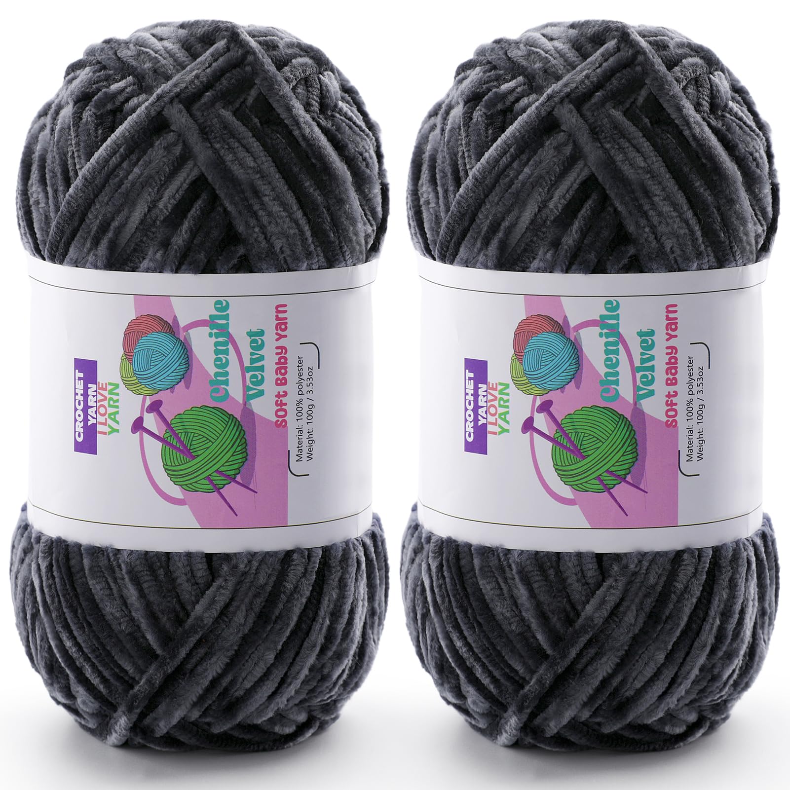 Chenille Velvet Yarn for Crocheting, Gray Fuzzy Fluffy Yarn for Crochet