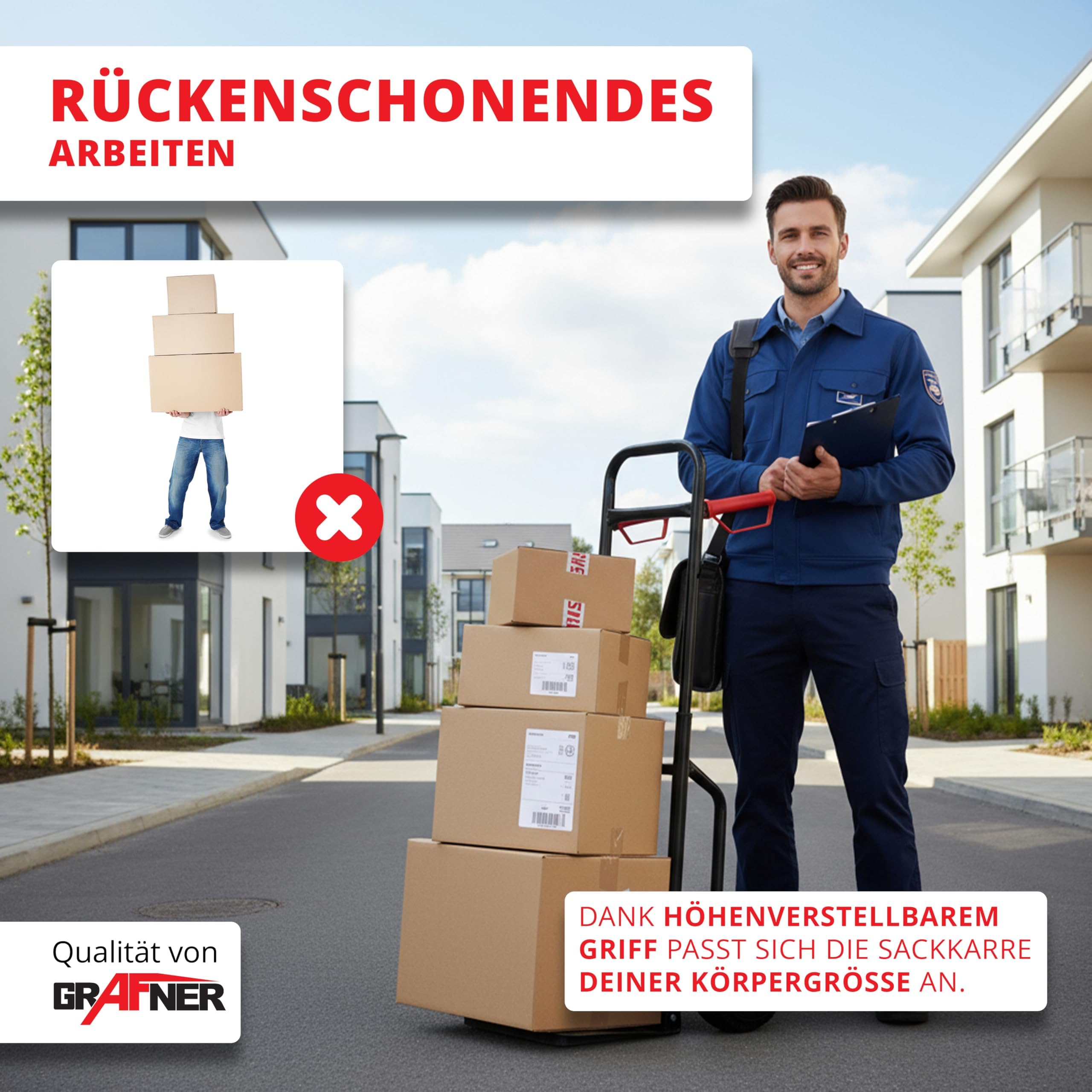 Grafner Sackkarre klappbar und ausziehbar, Belastbarkeit 200kg, Luftbereifung, Haltegriffe und Radschutz, solide Stahl-Ausführung, Stapelkarre Transportkarre Transportwagen