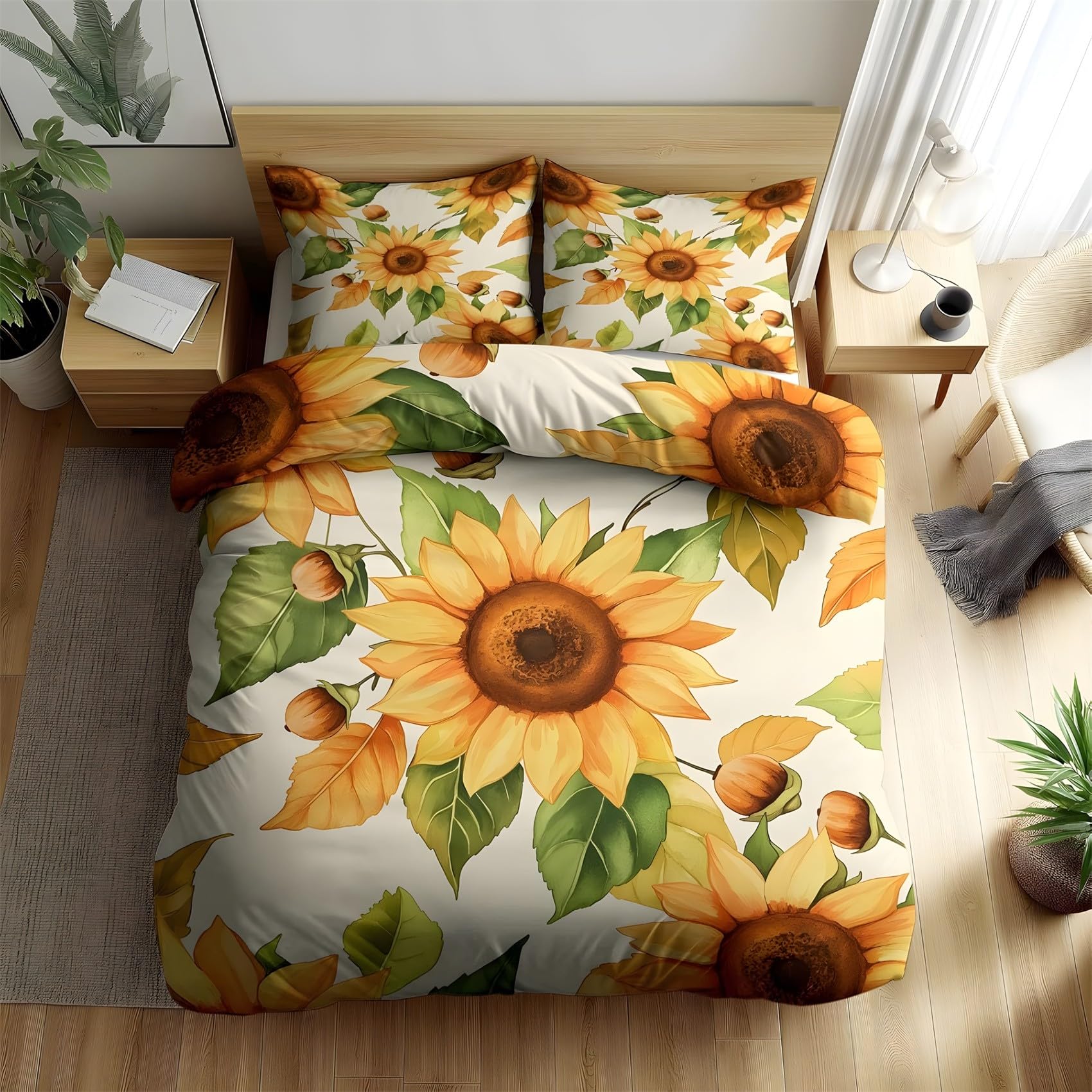 Housse de couette 220x240 tournesol en microfibre avec ses 2 taies d'oreiller