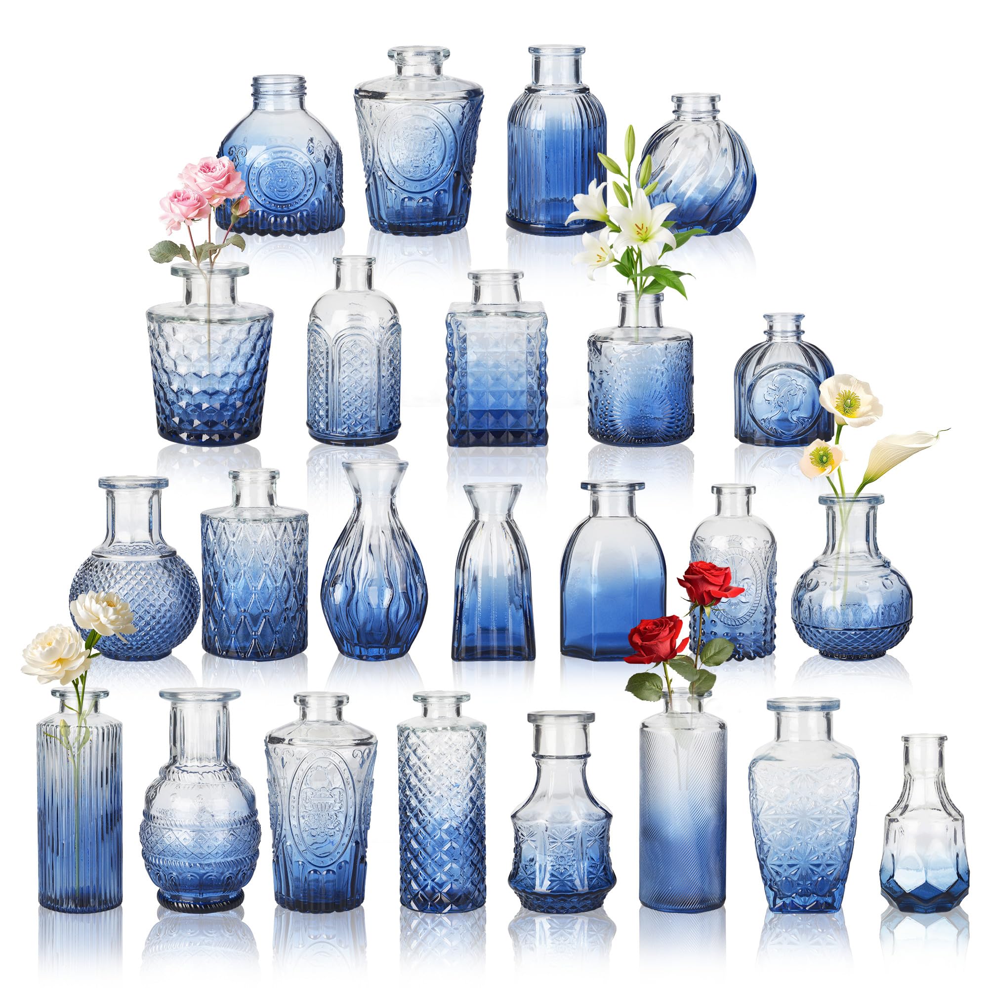 Kleine Vasen für Tischdeko, Vintage Mini Blumenvasen, Glasvasen für Hochzeit, Babyparty, Wohnungsdeko, Kleine Dekovasen für Blumen Pflanzen oder Geschenk,Blau 24er Set