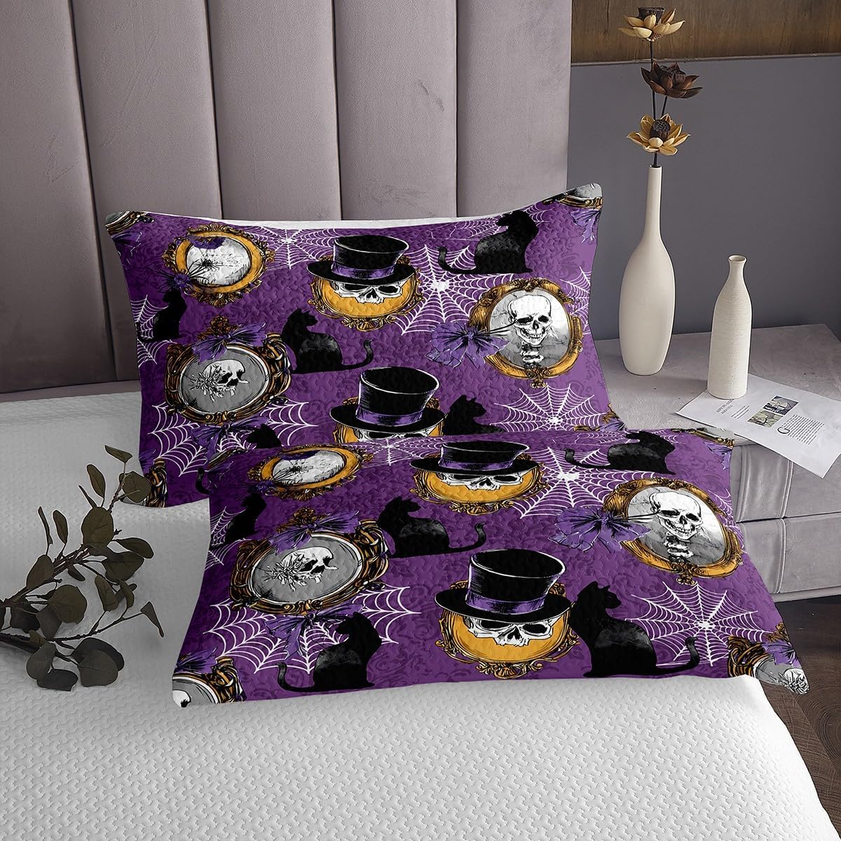 Erosebridal Hat Skull Coverlet Set Queen Size Mirror Bedding Set for Kids Boys Girls Spider Web Cat Pattern Farmhouse Quilted Coverlet Halloween Bow Gothic Purple Quilted
